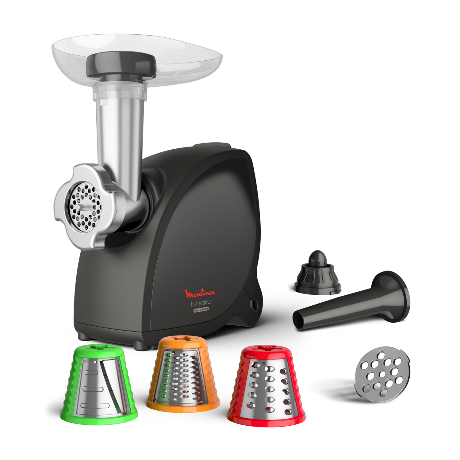 Czarna maszynka do mięsa z akcesoriami: 3 tarki (zielona, pomarańczowa, czerwona), nadziewarka i ostrze.