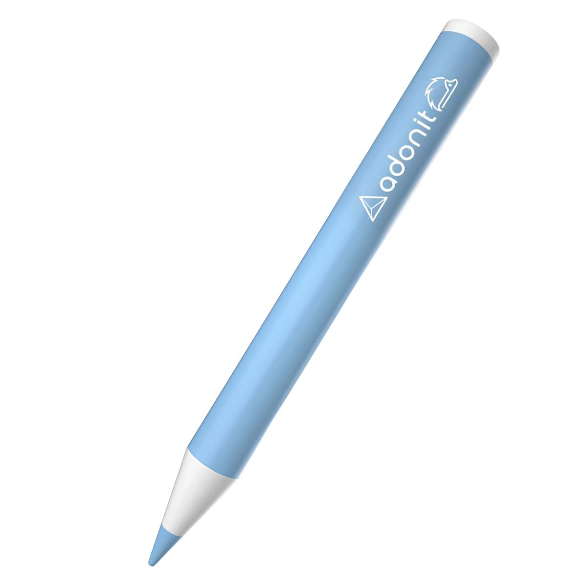 Una penna stilo azzurra con punta bianca e logo bianco su sfondo bianco.