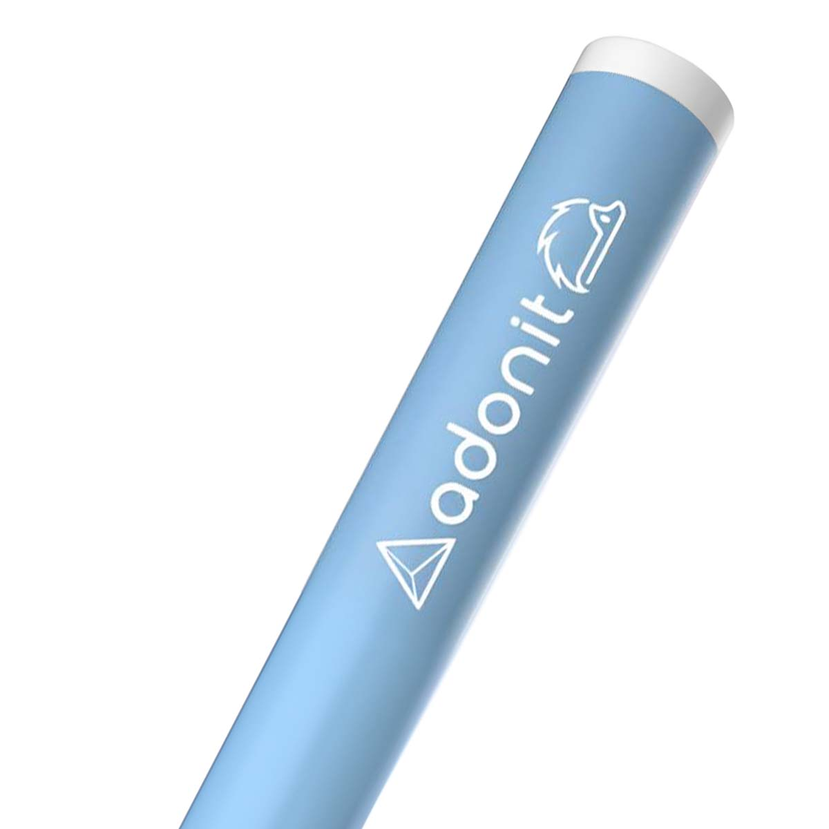 Uno stilo azzurro con punta bianca, con logo e testo Adonit.