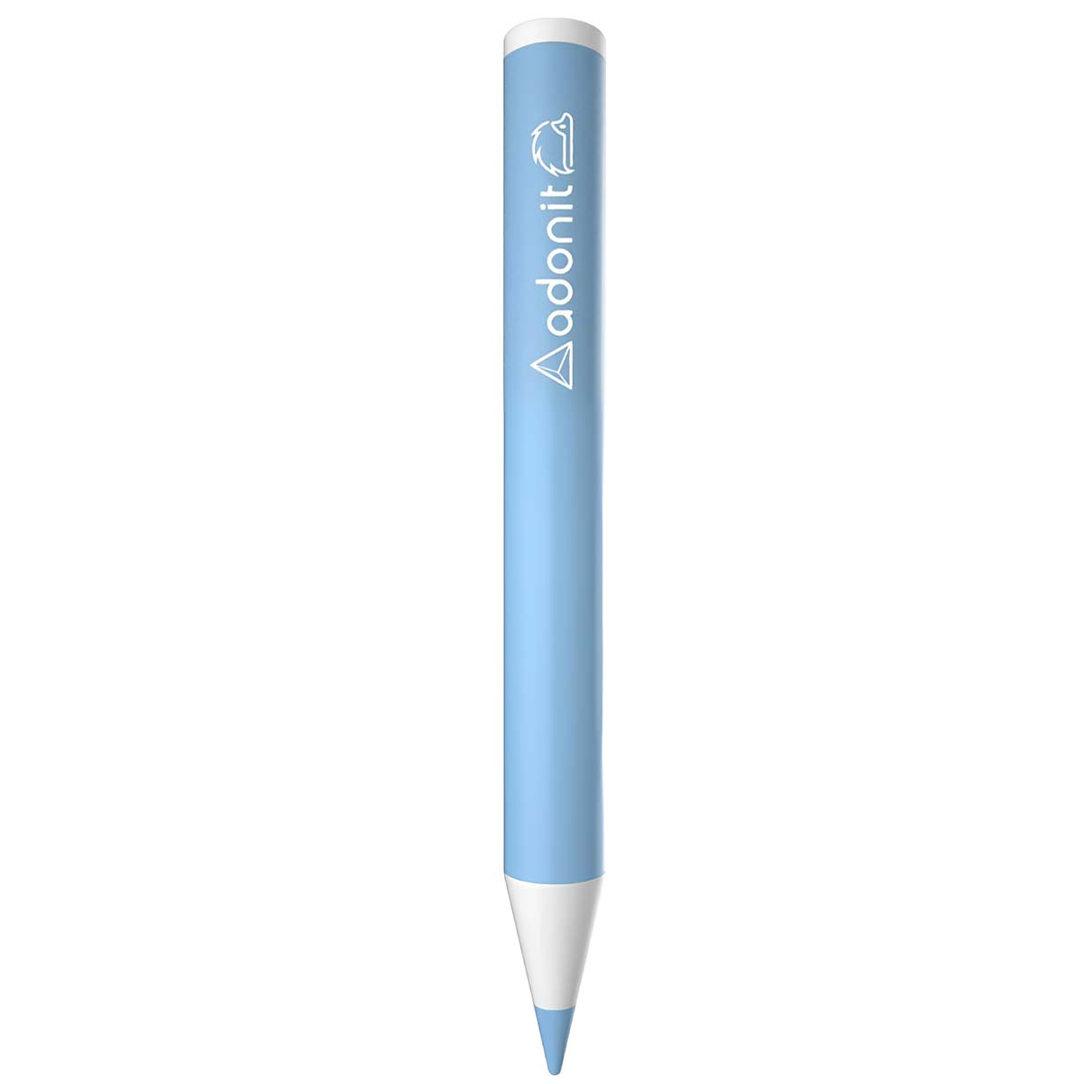 Una penna stilo azzurra con punta bianca e logo sul lato.
