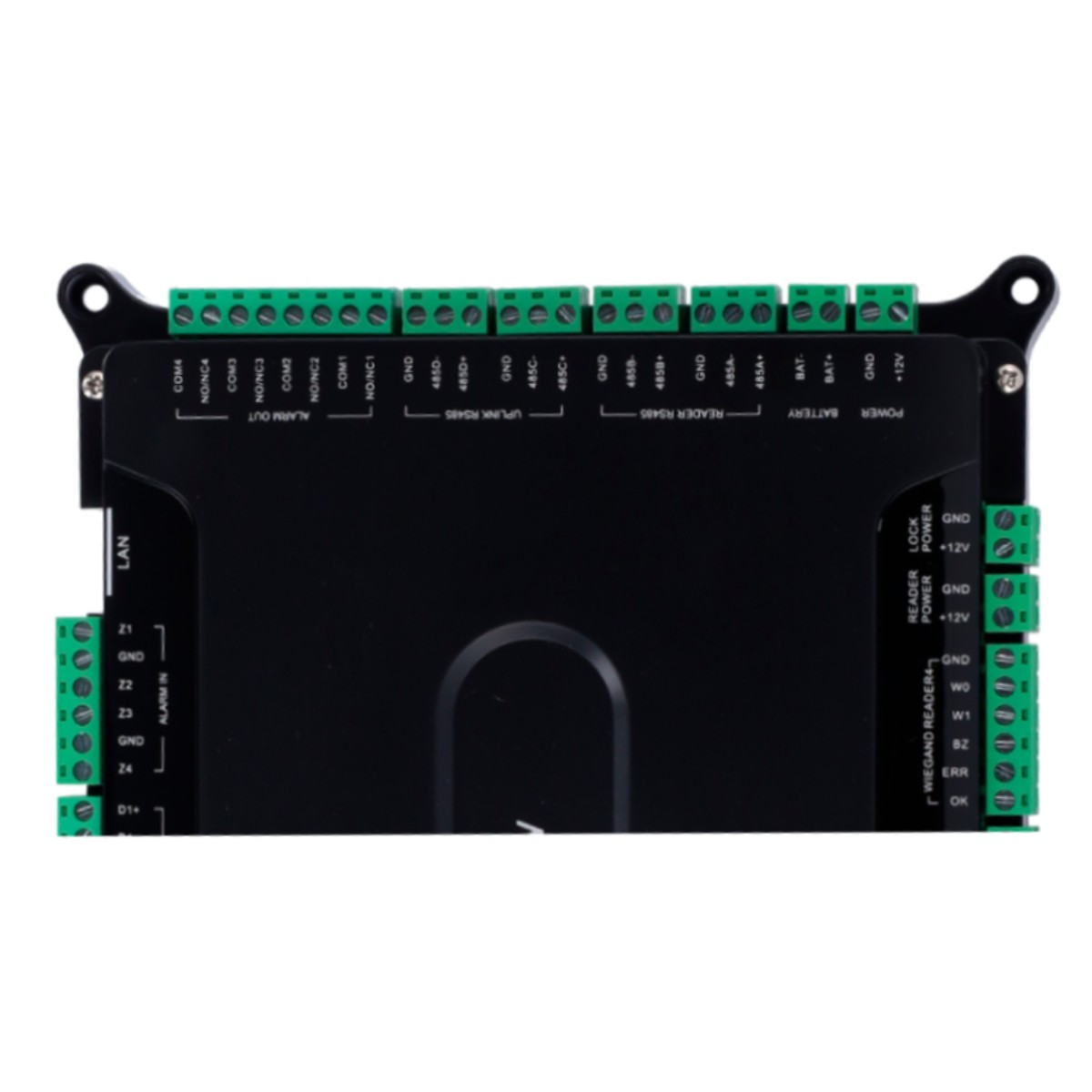 Placa electrónica negra con bloques de terminales verdes etiquetados LAN, Alarma de entrada, Alarma de salida, RS485, Alimentación, Batería.
