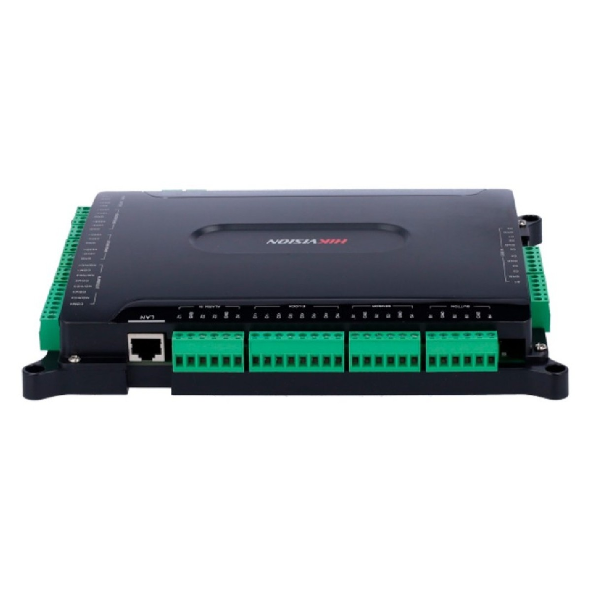 Un dispositivo negro Hikvision con terminales verdes y un puerto LAN.