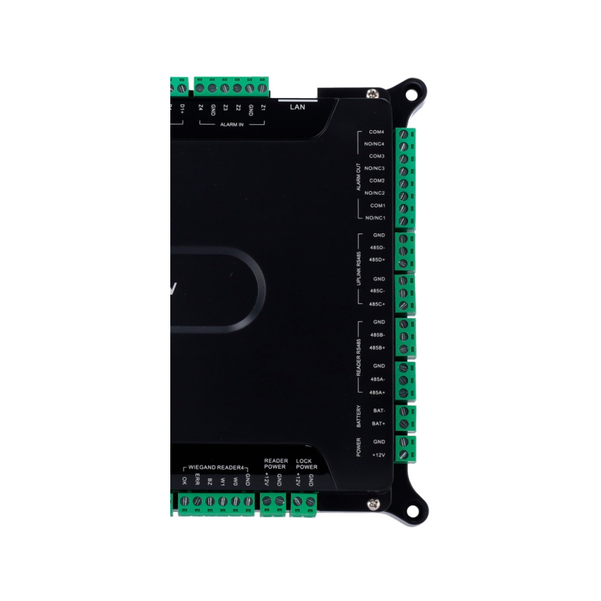 Dispositivo electrónico negro con múltiples conectores y etiquetas.