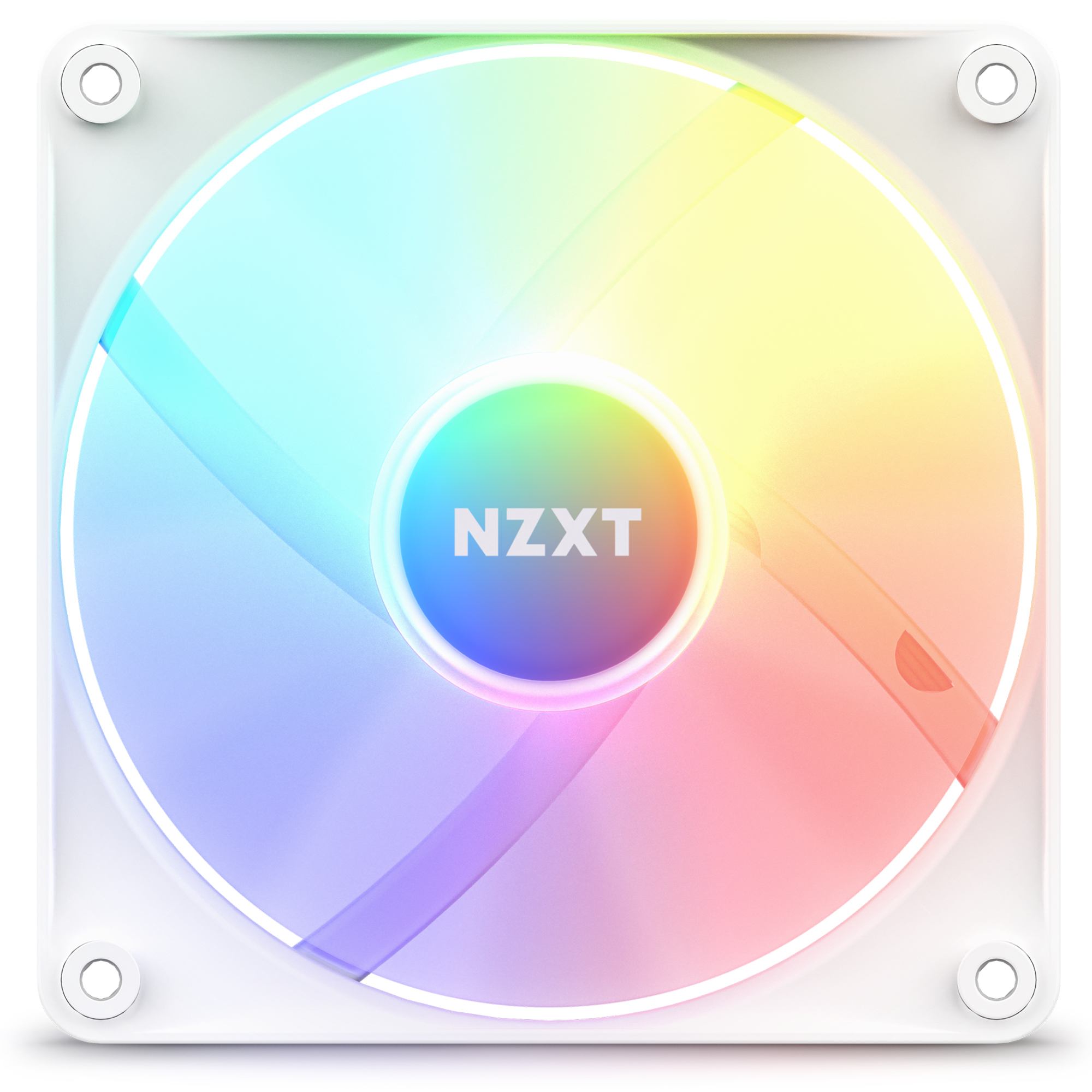 Una ventola PC bianca con illuminazione RGB e logo NZXT al centro.