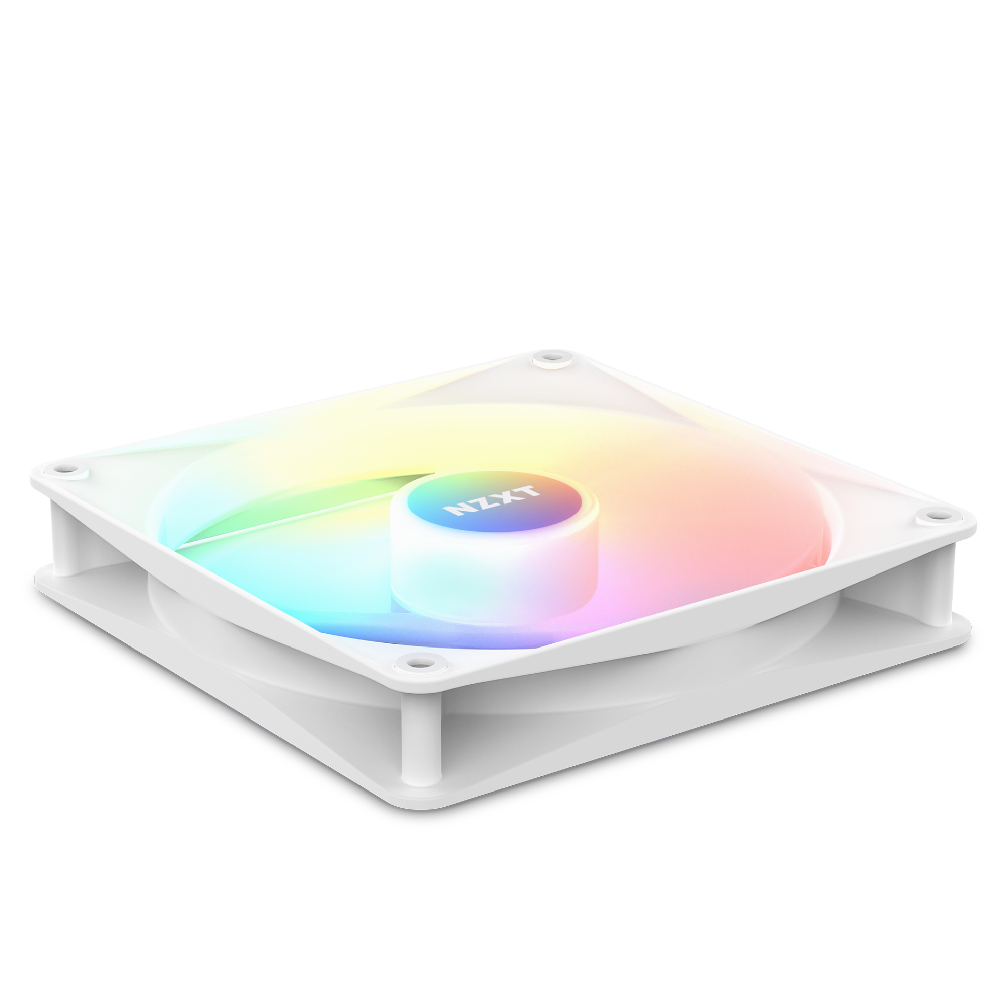 Ventola PC bianca con illuminazione RGB, logo NZXT al centro.