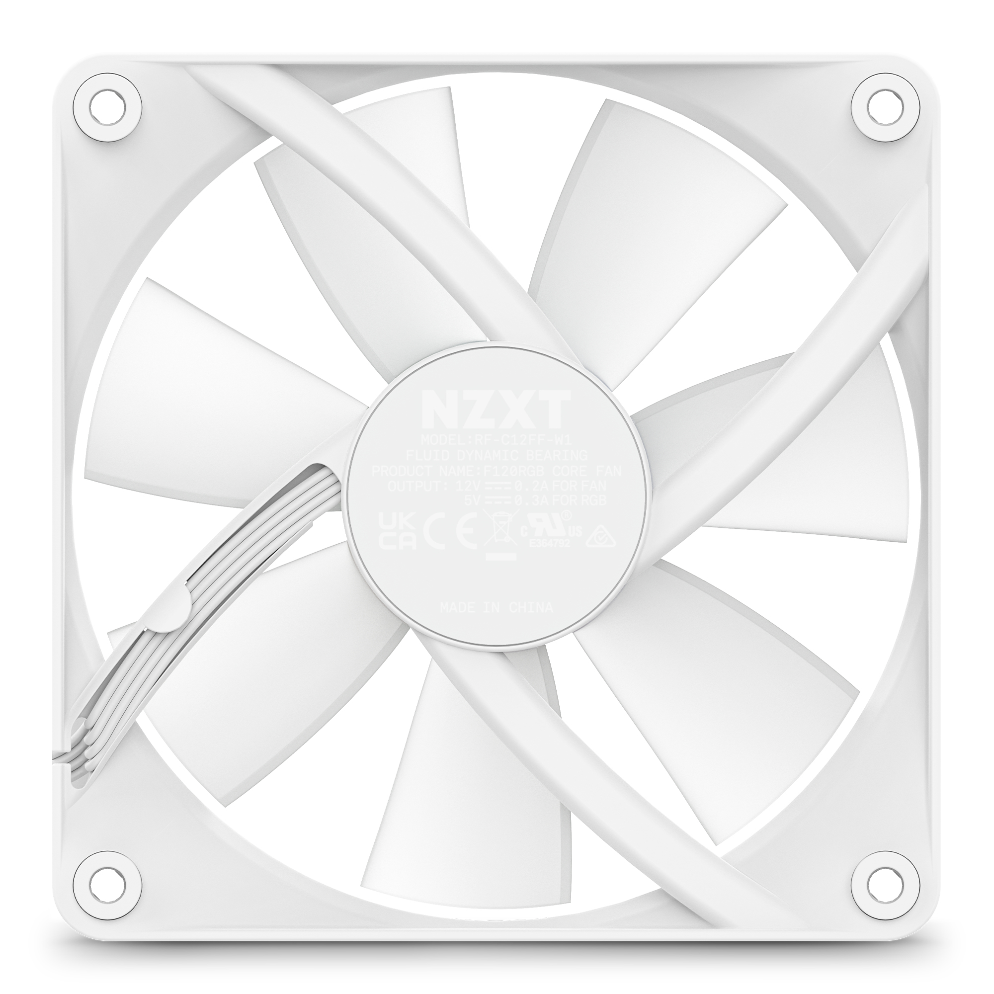 Ventola bianca NZXT F120 RGB Core con sette pale ed etichetta centrale.