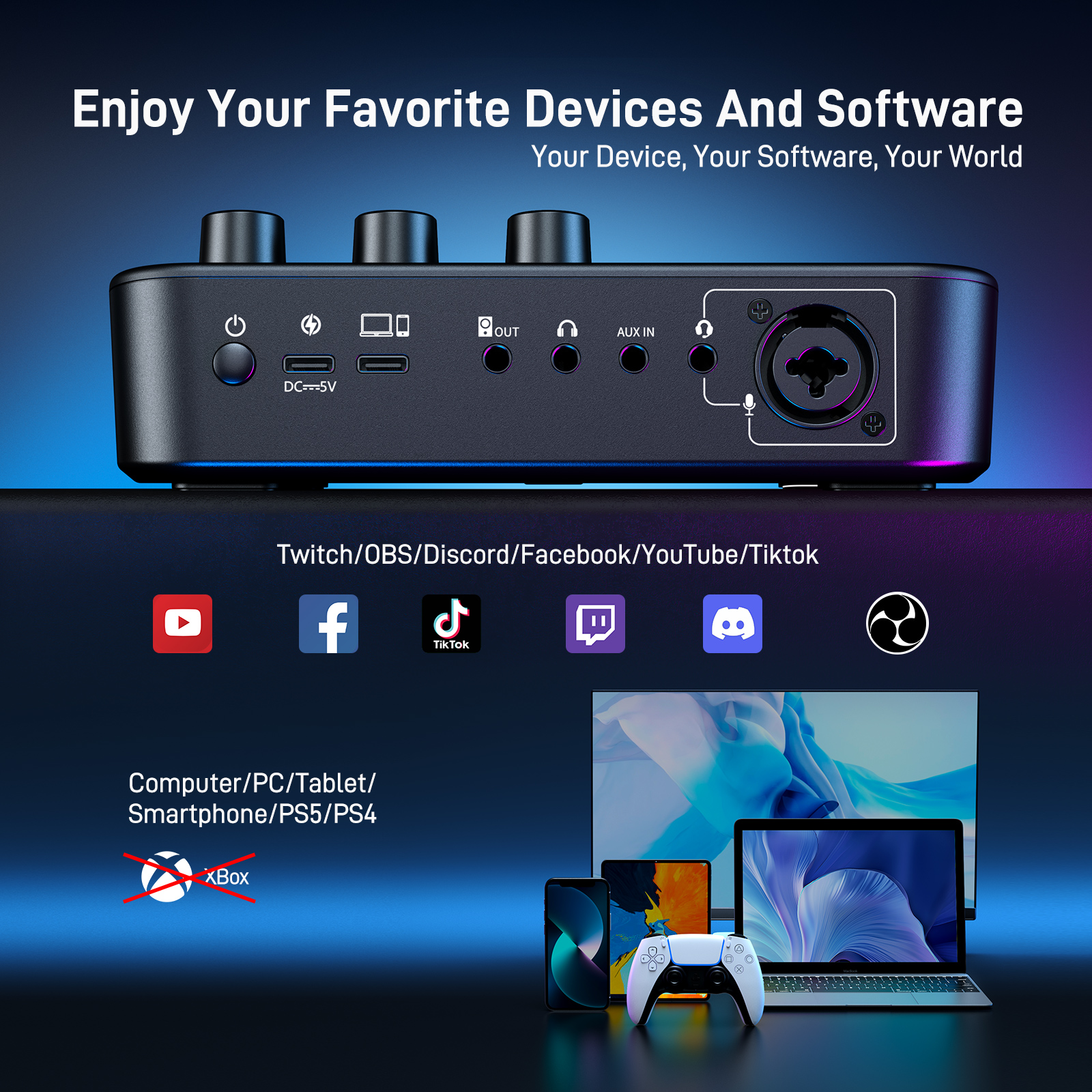 Audio-Interface mit Anschlüssen, Social-Media-Icons und Geräten.