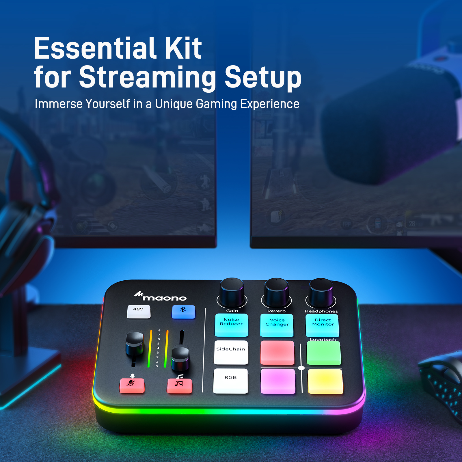 Maono-Audiomixer mit bunten RGB-Lichtern, Knöpfen und Reglern, zwei Monitore im Hintergrund.