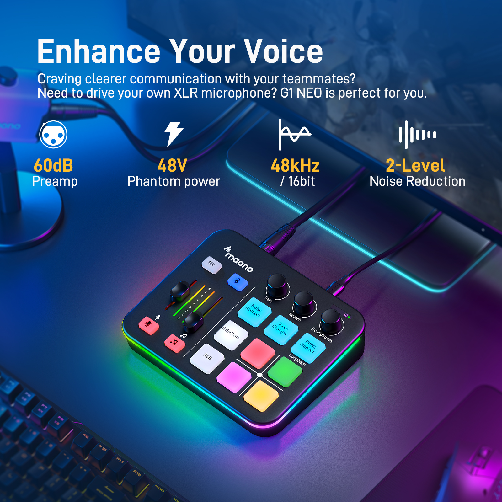 Maono G1 NEO Audiomixer mit RGB-Beleuchtung, Knöpfen, Fadern und Tasten.