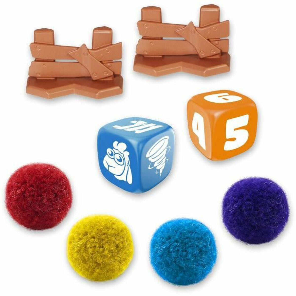 Dos vallas marrones, dados azul y naranja, y cuatro bolas esponjosas: roja, amarilla, azul, púrpura.
