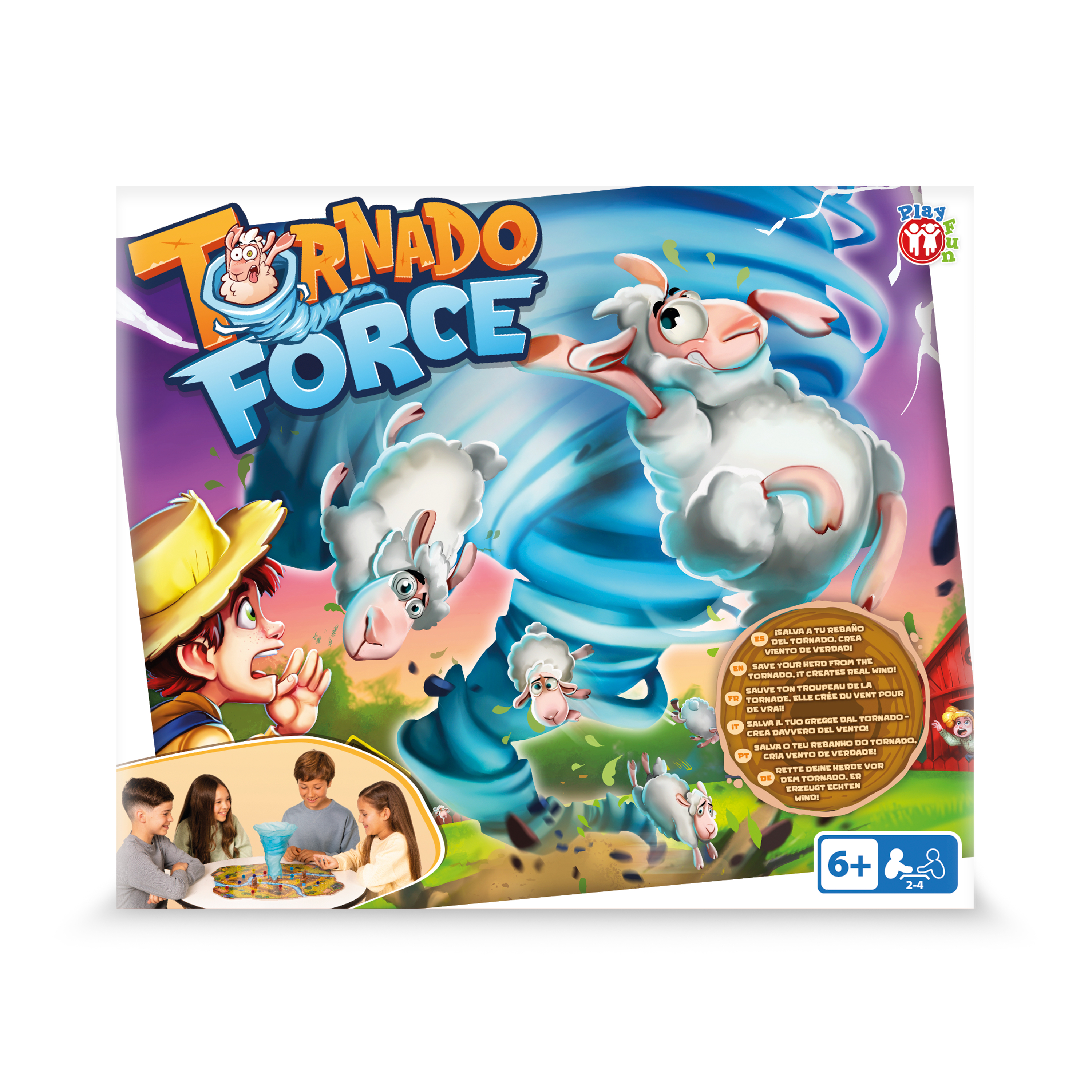 Portada de juego con ovejas de dibujos animados en un tornado, niños y granjero.