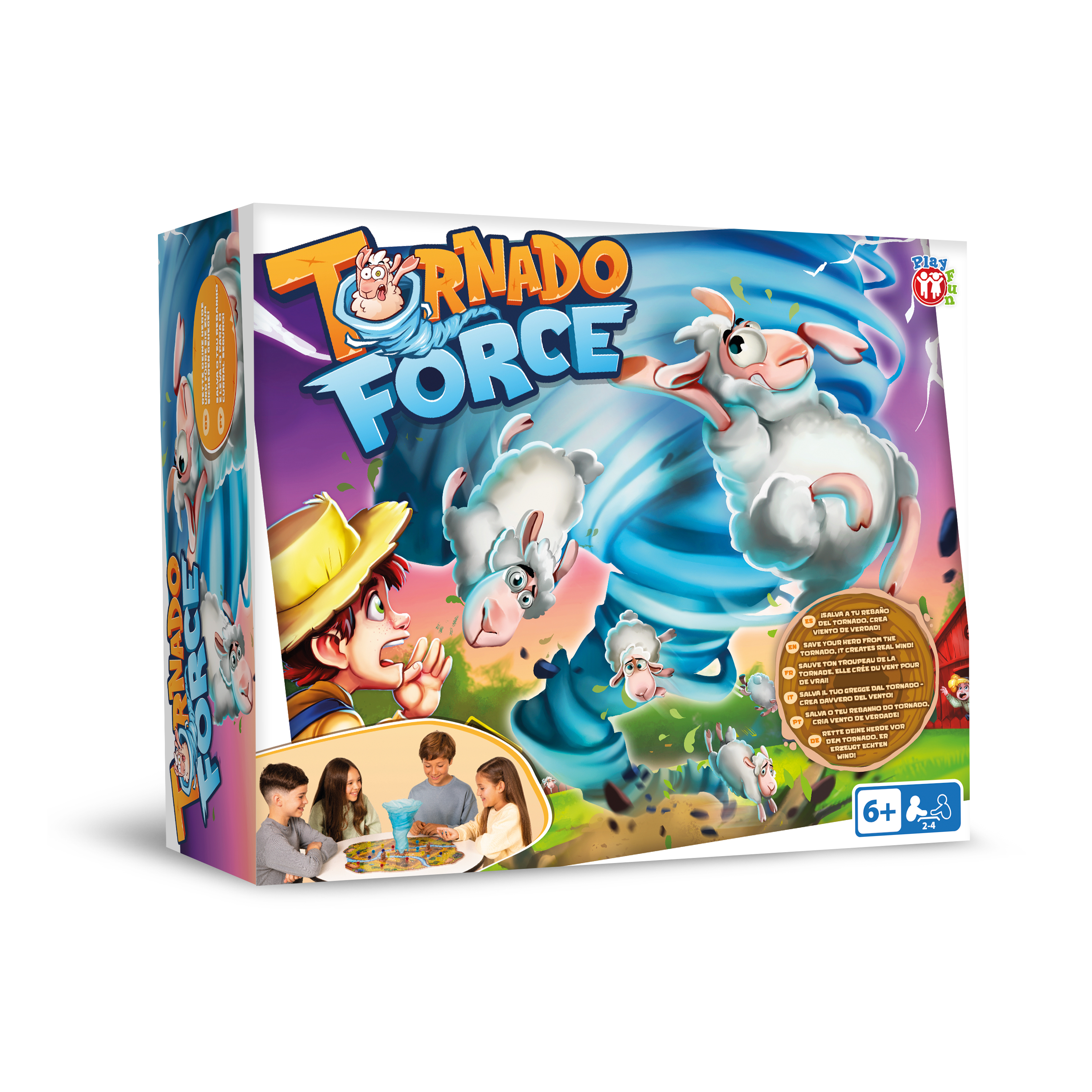 Arte de caja de juego de mesa: niños cerca de un tornado con ovejas volando.
