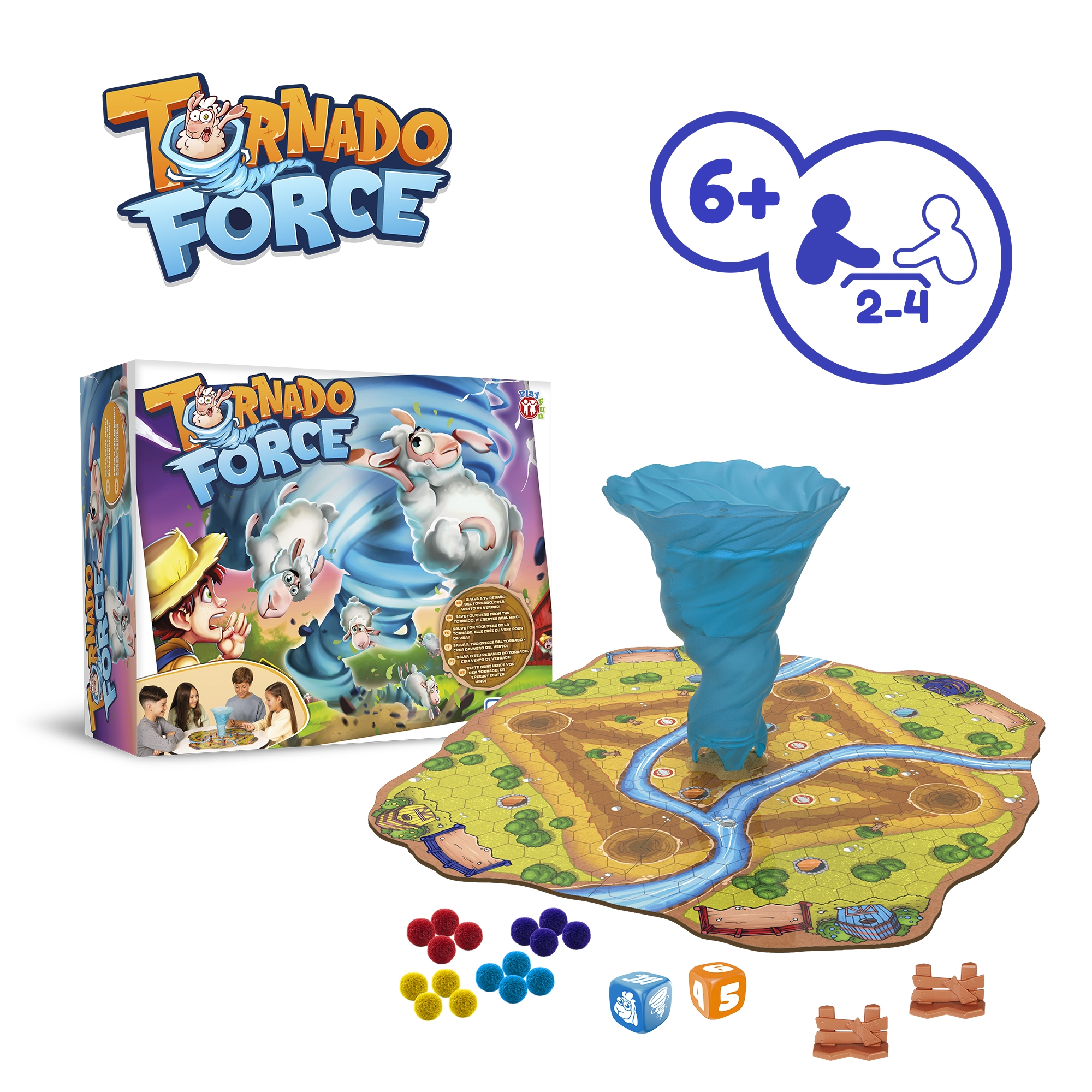 Juego de mesa Tornado Force con caja, tablero, dados y fichas de ovejas.