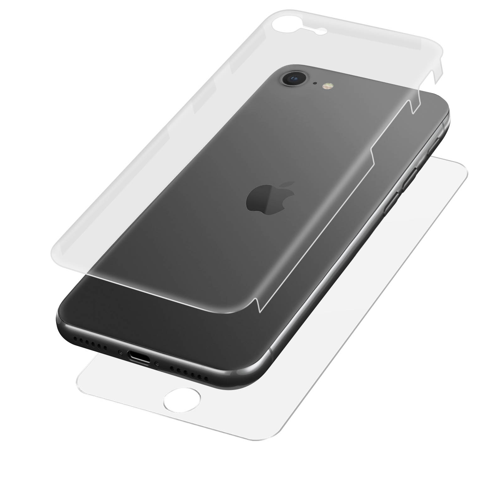 Uno smartphone scuro con custodia trasparente e protezione schermo.