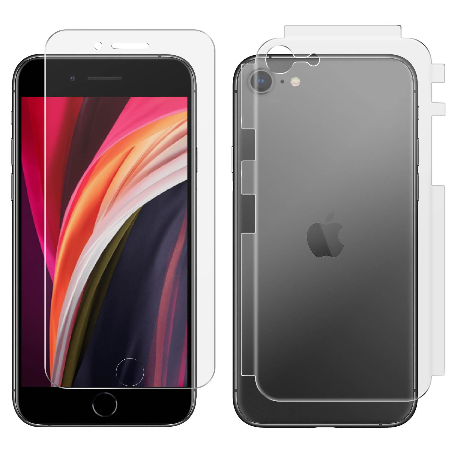 Due iPhone uno accanto all'altro. Una vista frontale, una vista posteriore. Entrambi con proteggi schermo.