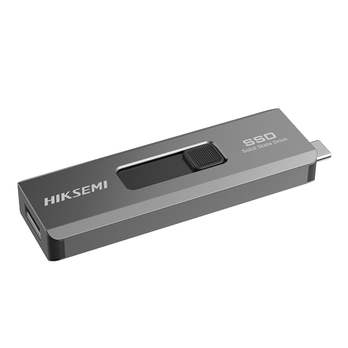 Un SSD HIKSEMI Solid State Drive grigio con cursore nero e connettore USB-C.