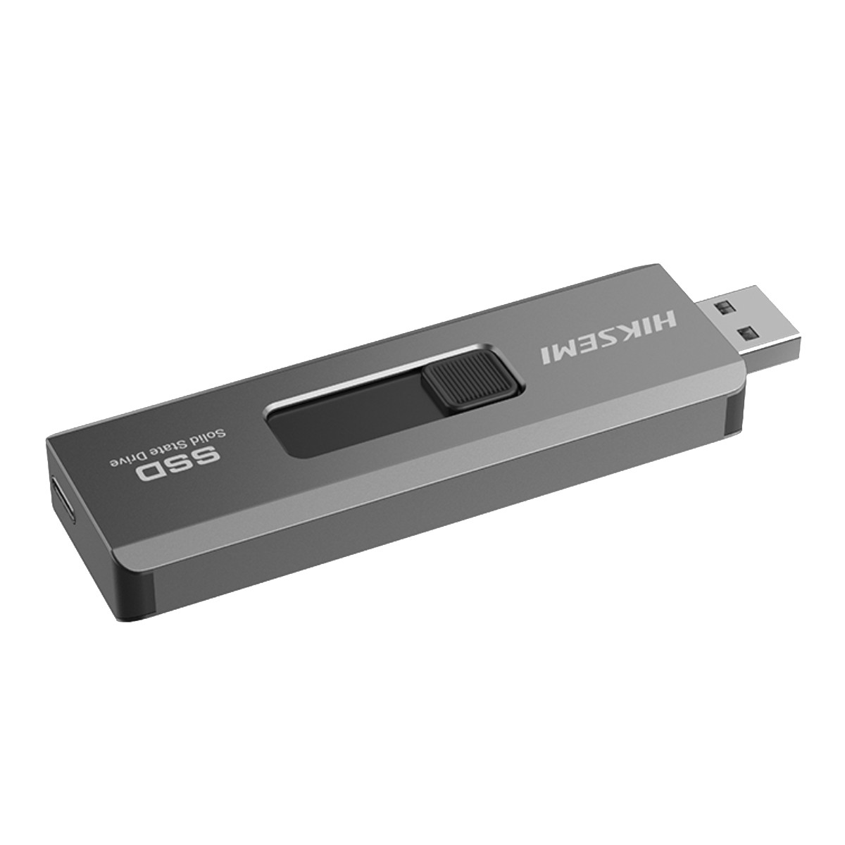 Un SSD HIKSEMI a stato solido grigio con connettore USB e pulsante scorrevole.