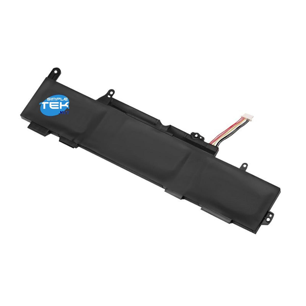 Batteria per laptop nera con logo blu e bianco e connettore a filo multicolore.