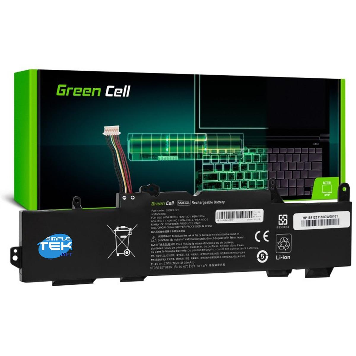 Batteria per laptop Green Cell SS03XL con cavi su sfondo bianco. Imballaggio visibile.