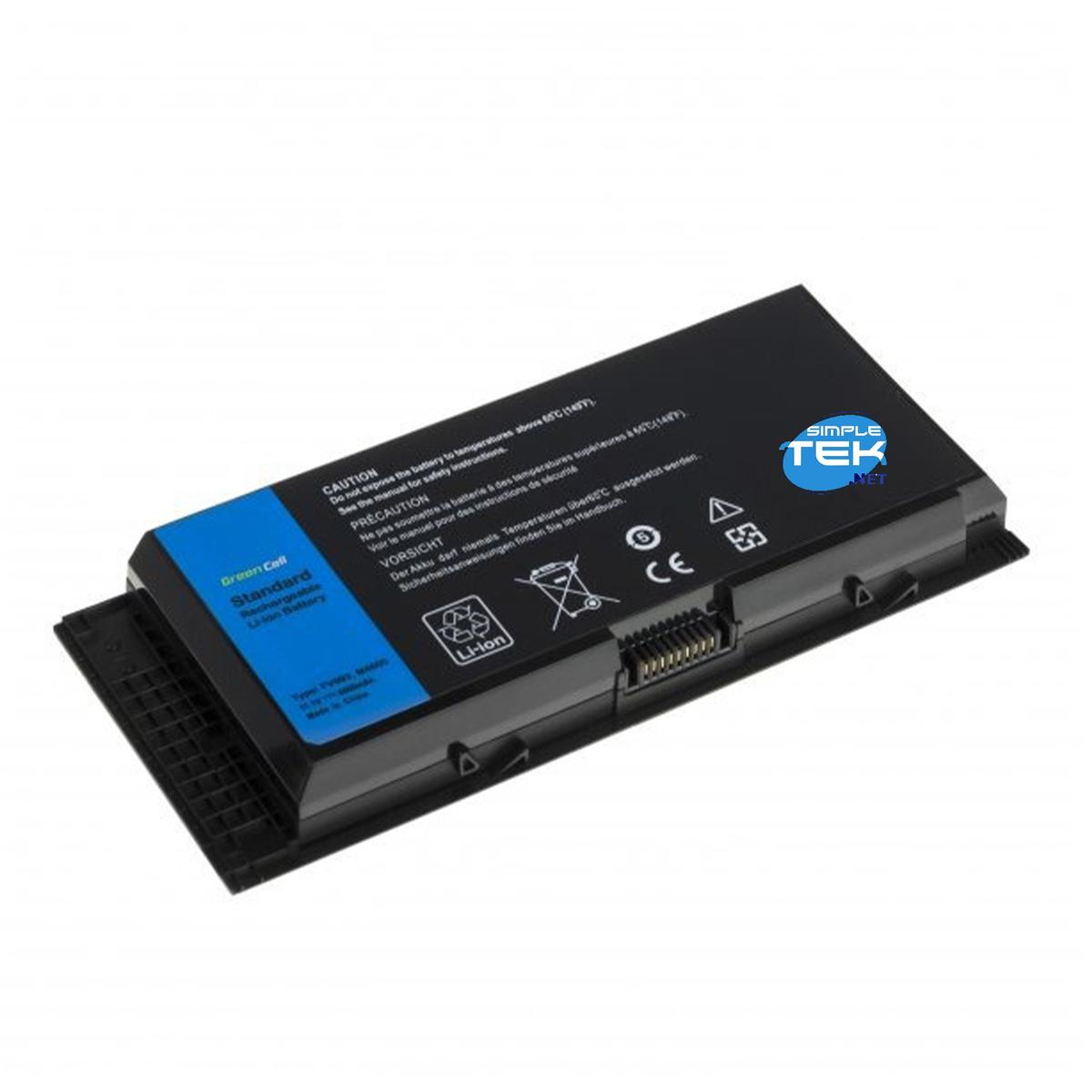 Un pacco batteria Li-ion nero e blu con avvisi di sicurezza e loghi.