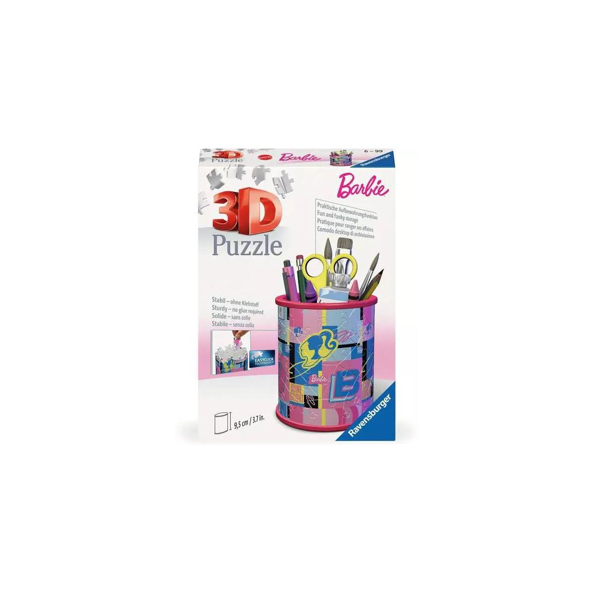 Scatola puzzle 3D Barbie che mostra un portaoggetti pieno di penne, forbici e pennelli.