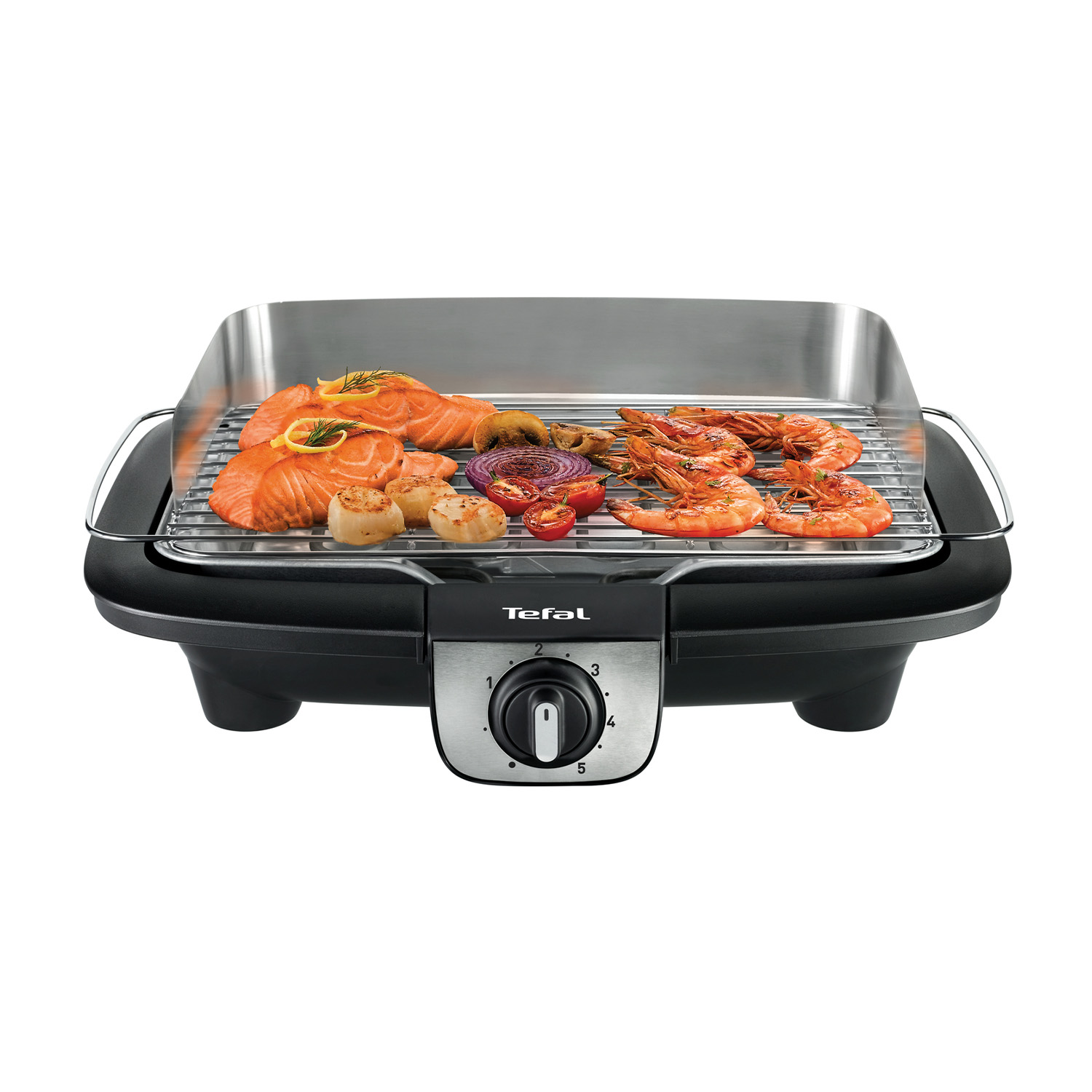 Grill elektryczny z łososiem, krewetkami, przegrzebkami, cebulą, pomidorami i grzybami.