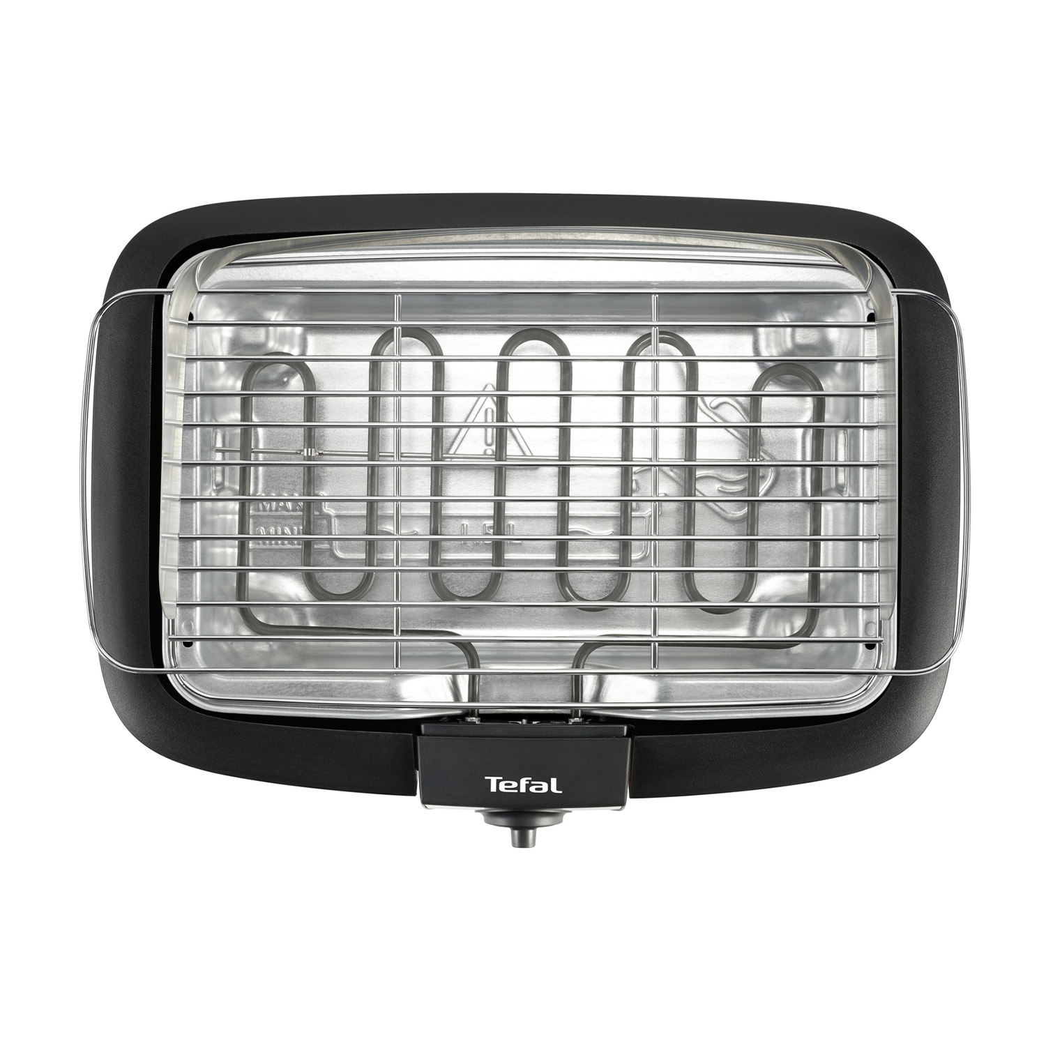 Grill elektryczny Tefal z srebrną kratką i czarną ramą, widok z góry.