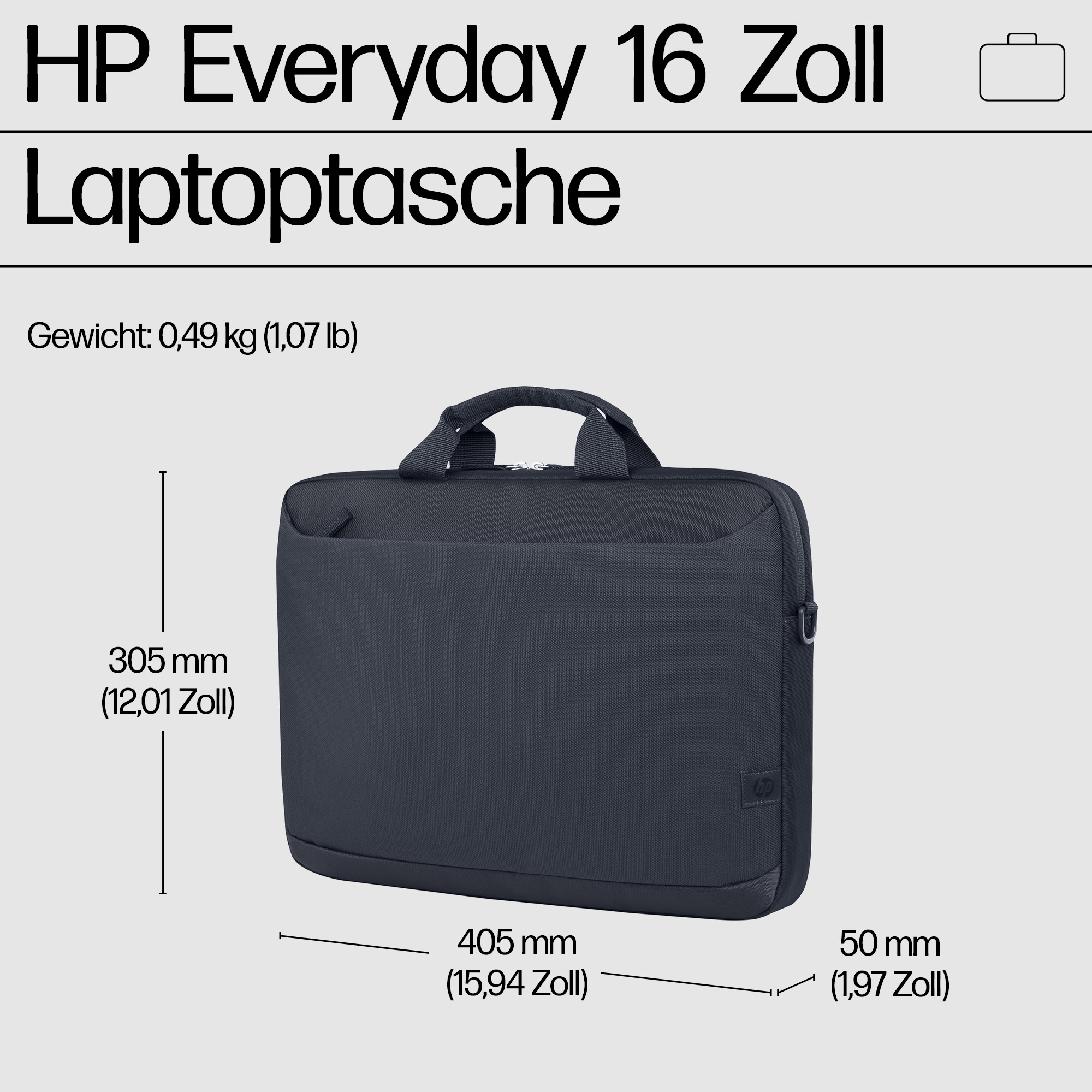 Boyutları ve ağırlığı belirtilmiş lacivert HP dizüstü bilgisayar çantası.