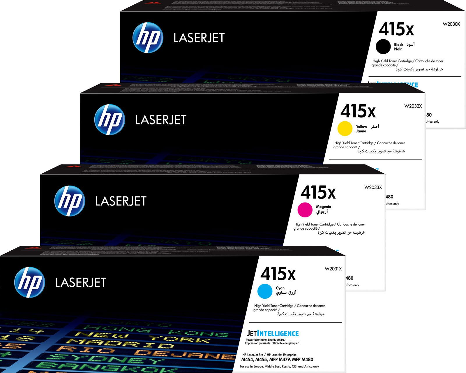 Pila di quattro cartucce toner HP LaserJet 415x: nero, giallo, magenta e ciano.