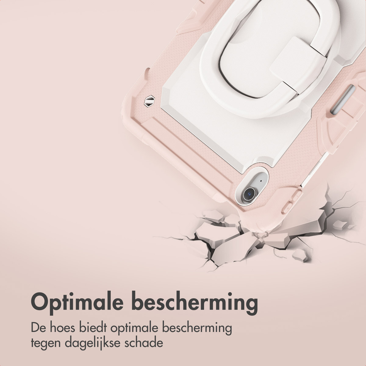 Una custodia rosa per tablet con anello, che cade su una superficie incrinata.