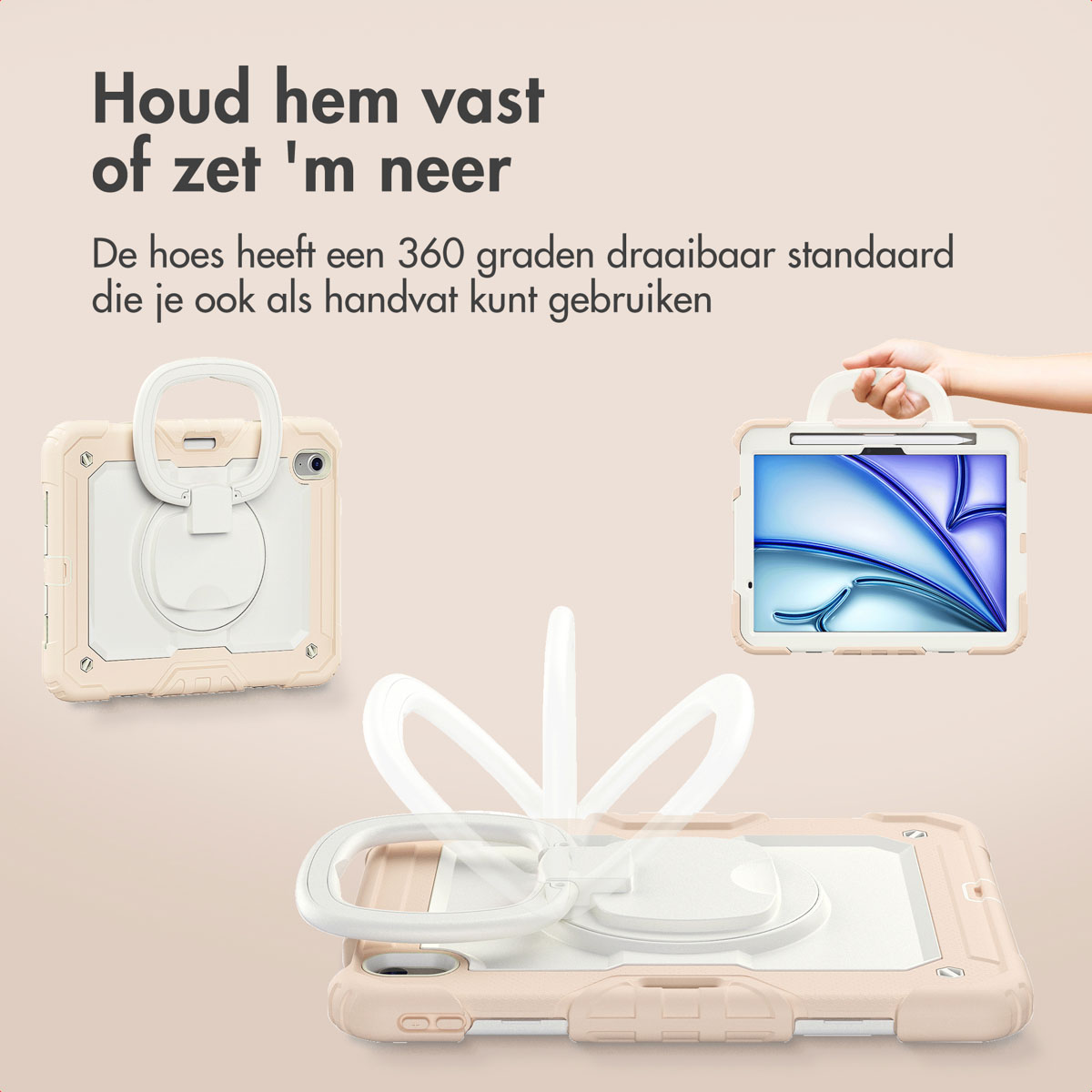 Una custodia beige per tablet con supporto rotante a 360 gradi che funge da manico.