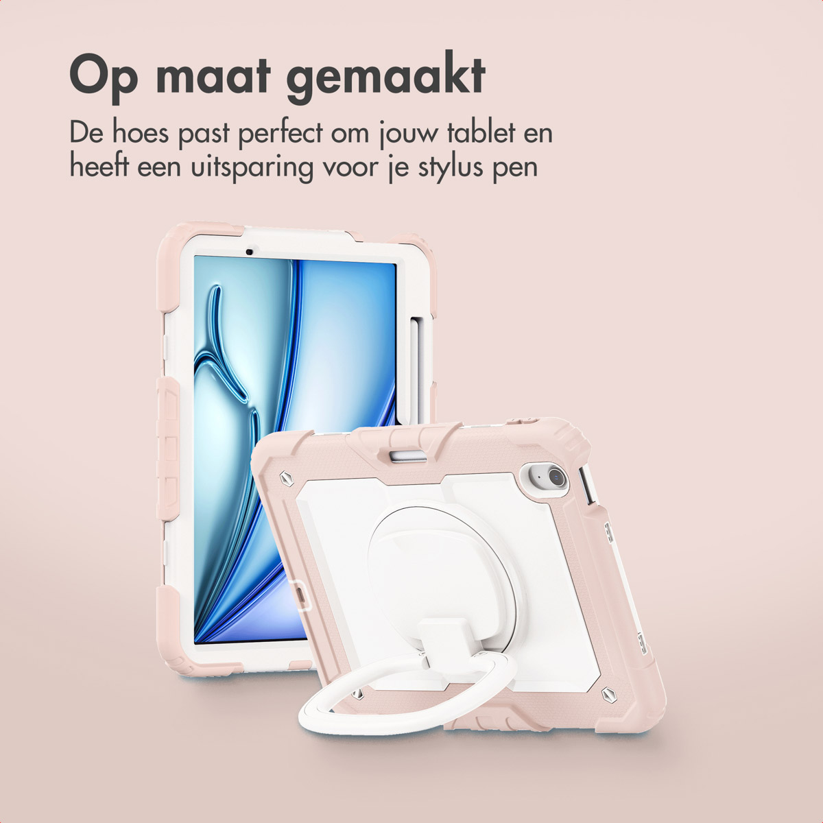 Custodia rosa per tablet con supporto e anello. Un tablet è mostrato.