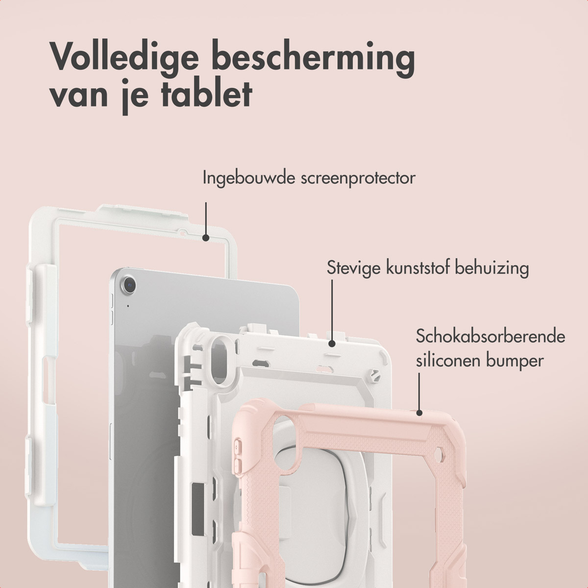 Vista esplosa di una custodia per tablet: protezione schermo, tablet, alloggiamento in plastica e bumper in silicone.