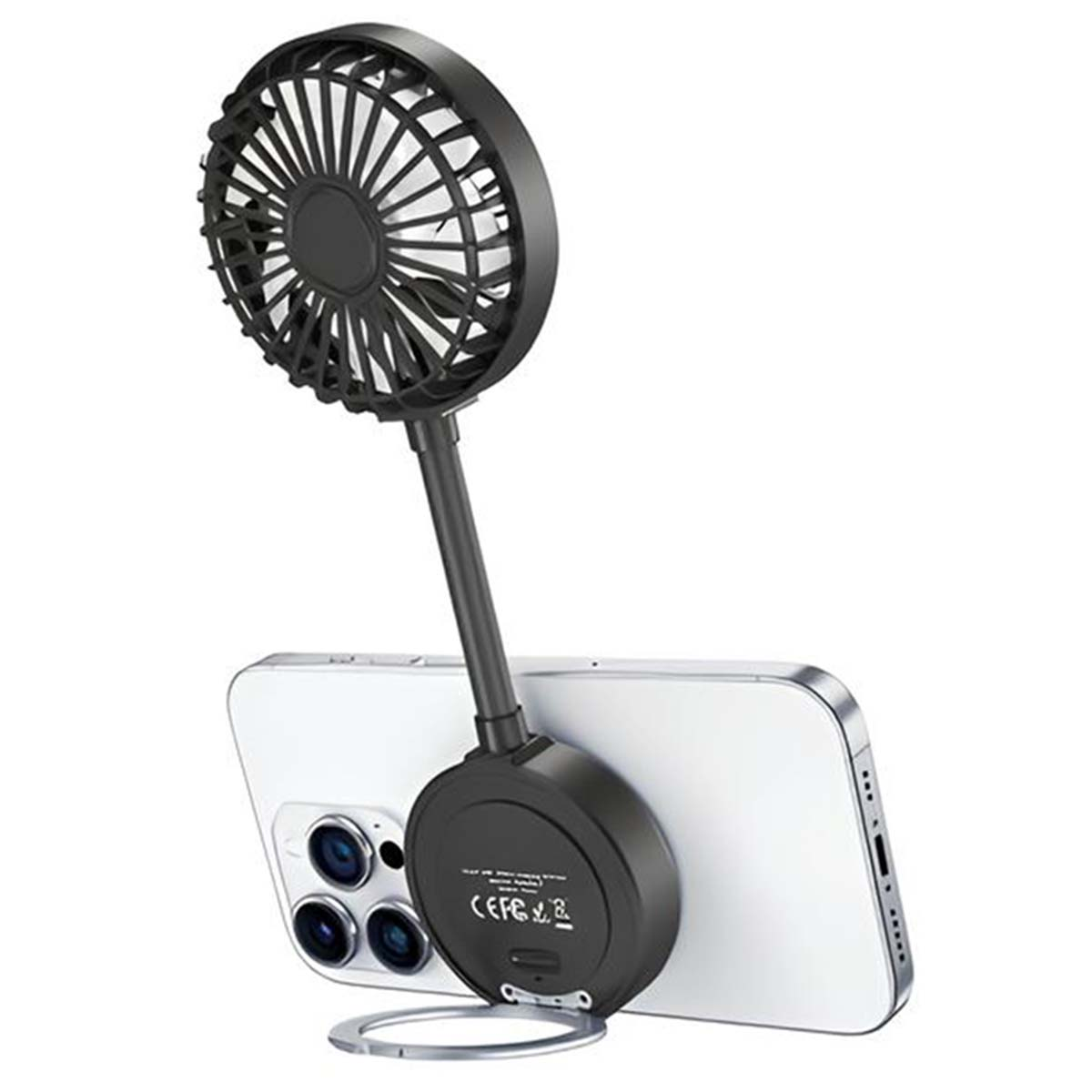 Un ventilateur portable noir est attaché à l'arrière d'un smartphone blanc avec un support à anneau en métal.