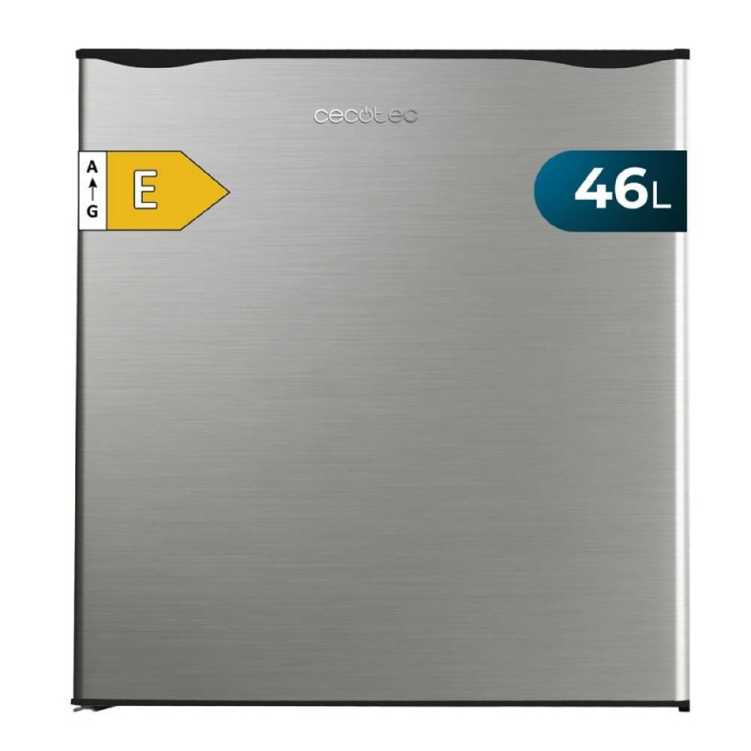 Un mini-frigorifero Cecotec argento con etichetta di efficienza energetica 'E' e capacità di 46L.