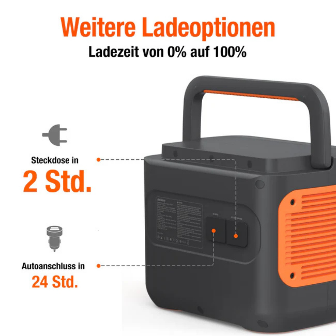 Tragbare Powerstation Ladeoptionen: 2 Std. per Steckdose, 24 Std. per Autoanschluss.