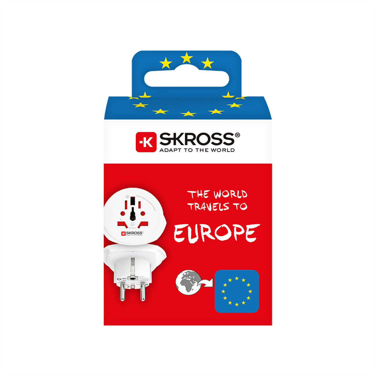 Confezione adattatore da viaggio SKROSS per l'Europa, mostra adattatore e bandiera UE.