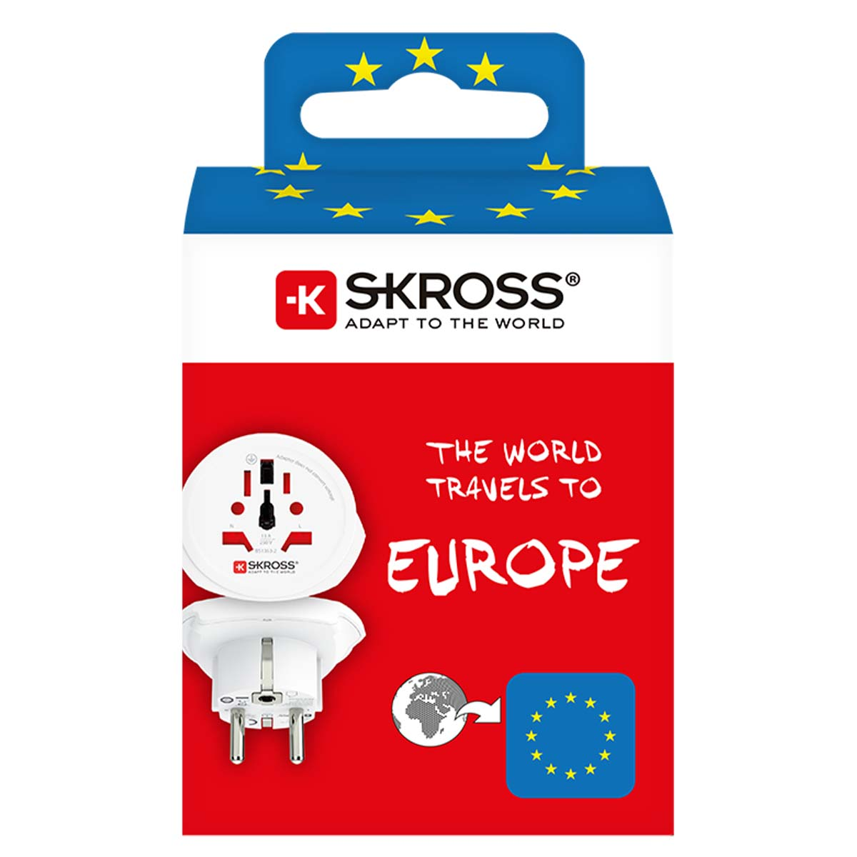 Confezione adattatore da viaggio SKROSS con stelle UE. Mostra adattatore uso globale per Europa.