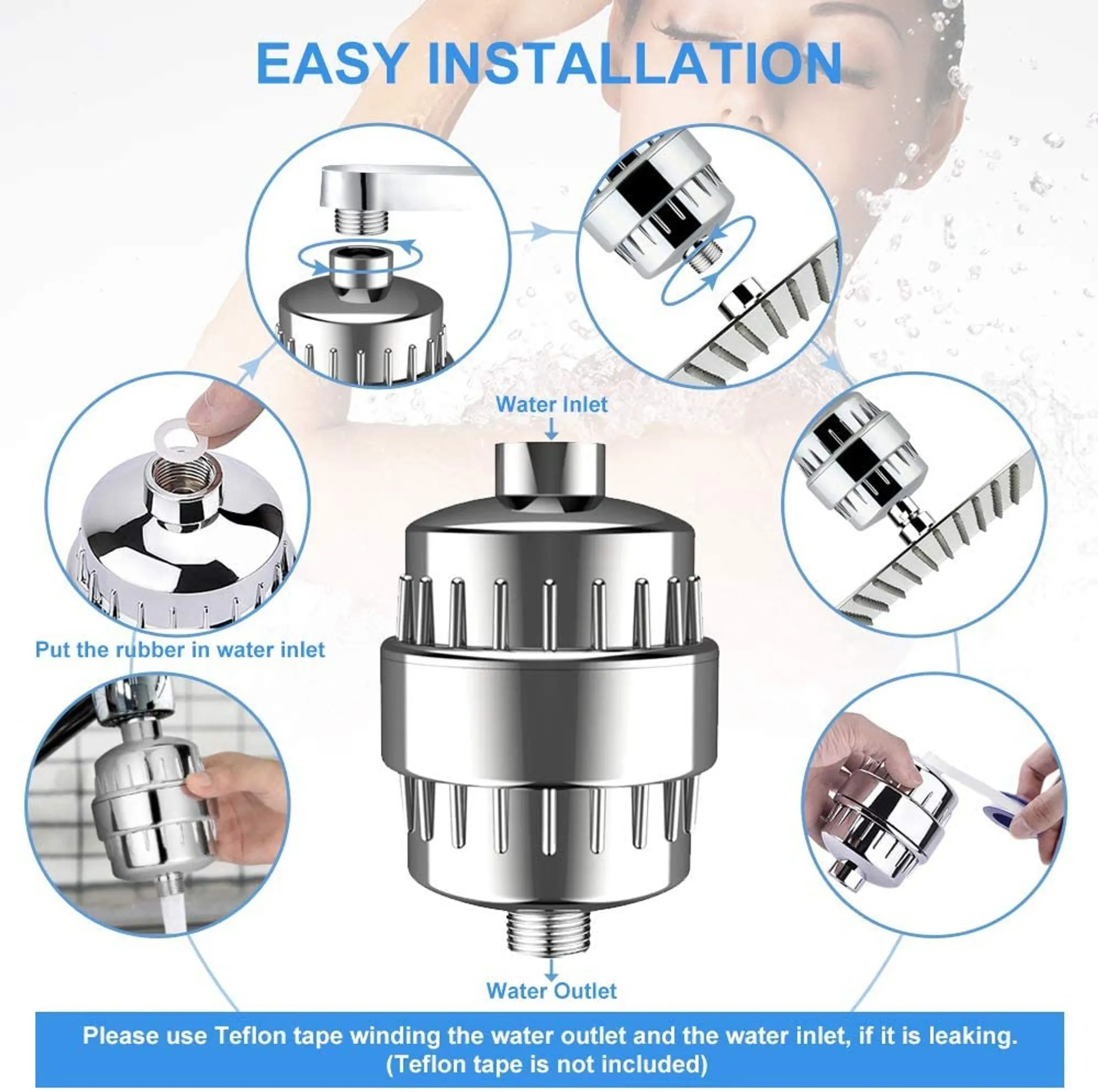 Anleitung zur Installation eines Duschfilters mit mehreren Ansichten, die Anschlüsse und eine Gummidichtung zeigen.