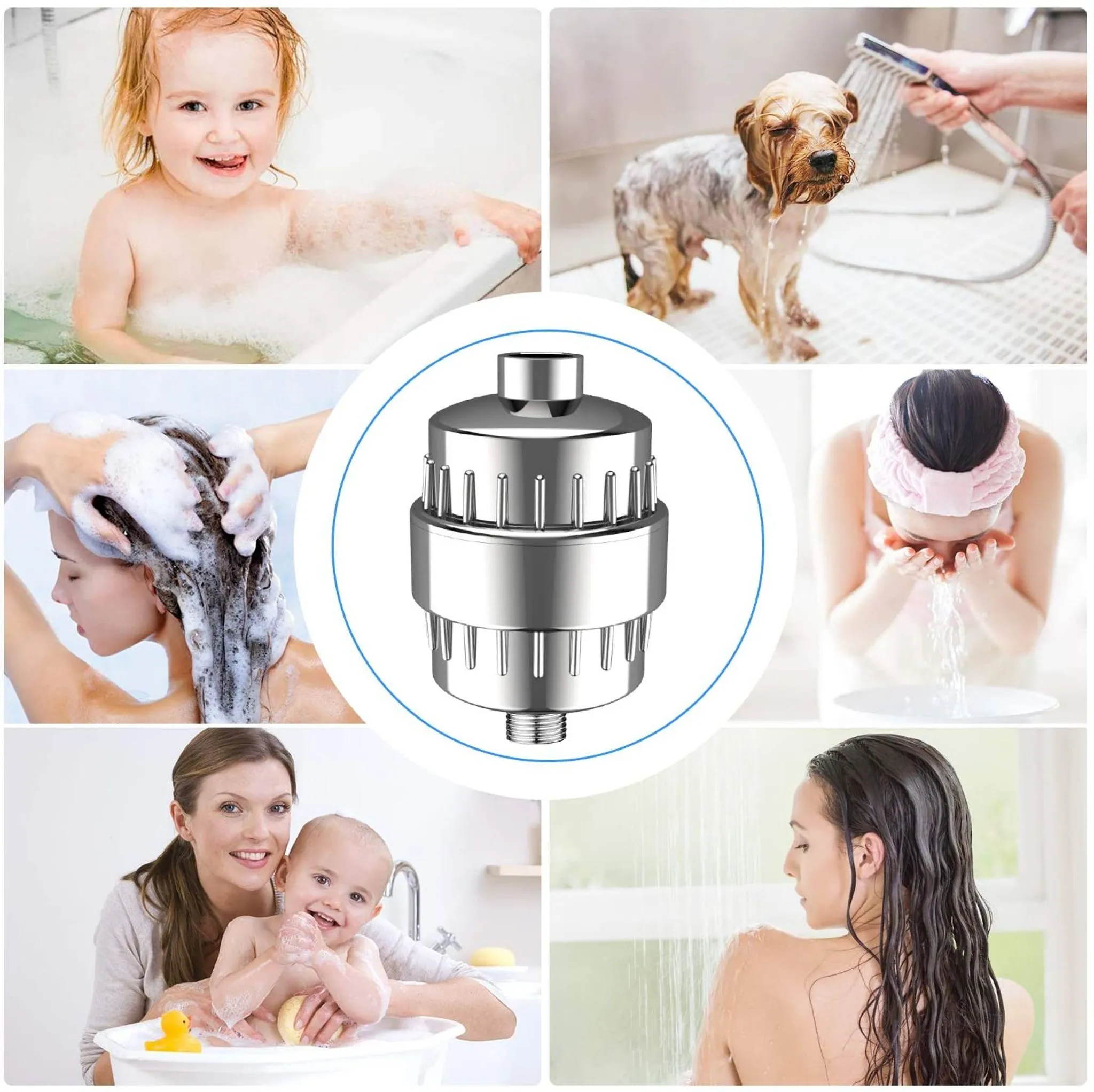 Collage aus Badezeit: Kind, Hund, Frau wäscht Haare, Frau wäscht Gesicht, Mutter & Baby.
