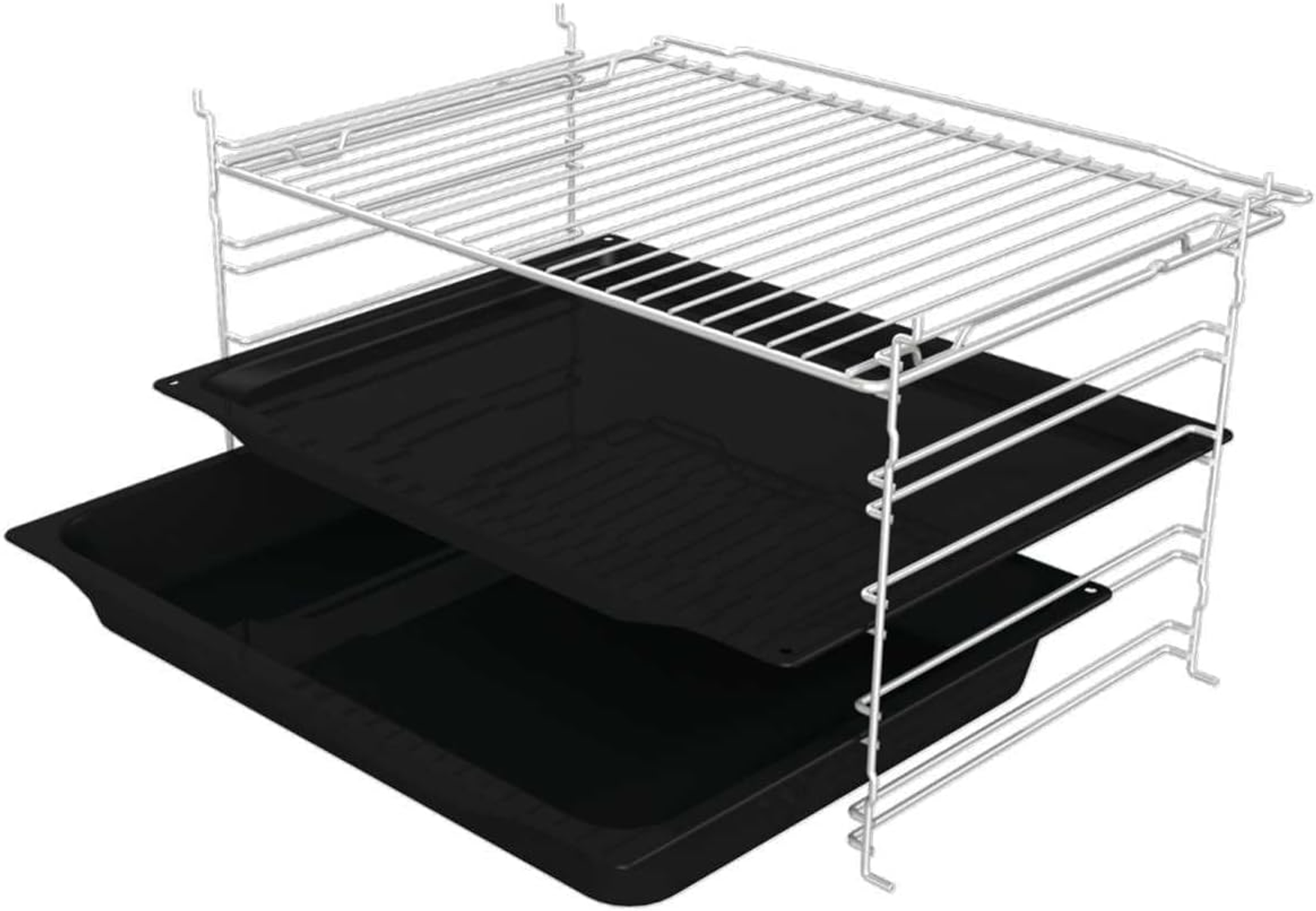 Srebrny metalowy ruszt z dwoma czarnymi blachami poniżej, na białym tle.