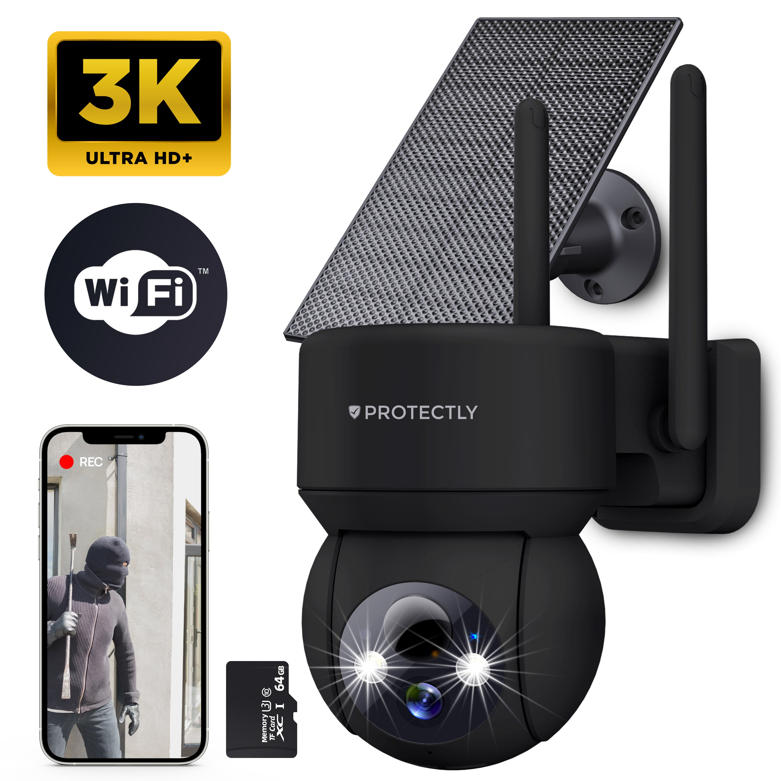 Security camera with solar panel, app view of a burglar, and memory card.