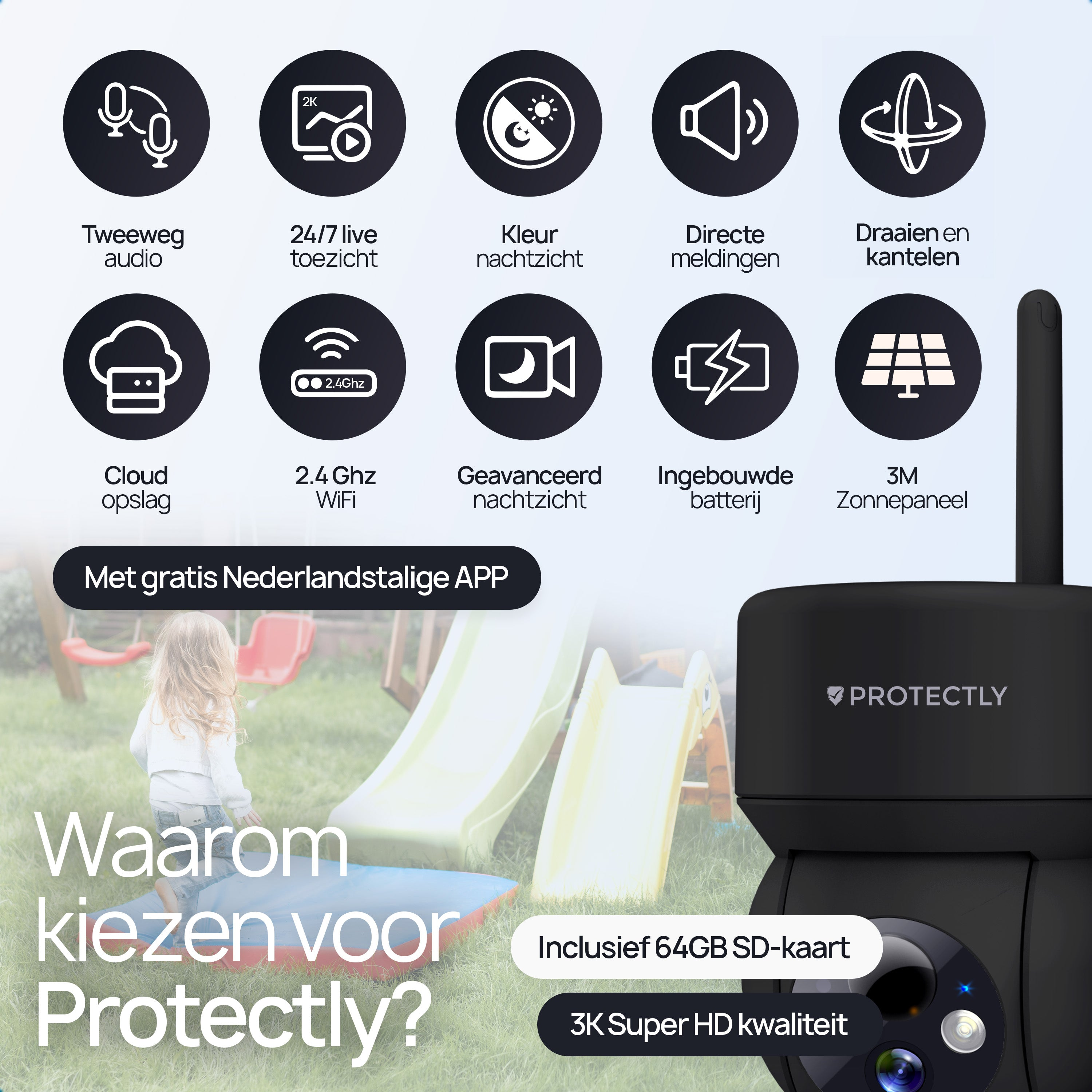 Security camera with icons for audio, 2K, night vision, notifications, pan/tilt, cloud, WiFi, battery, solar.