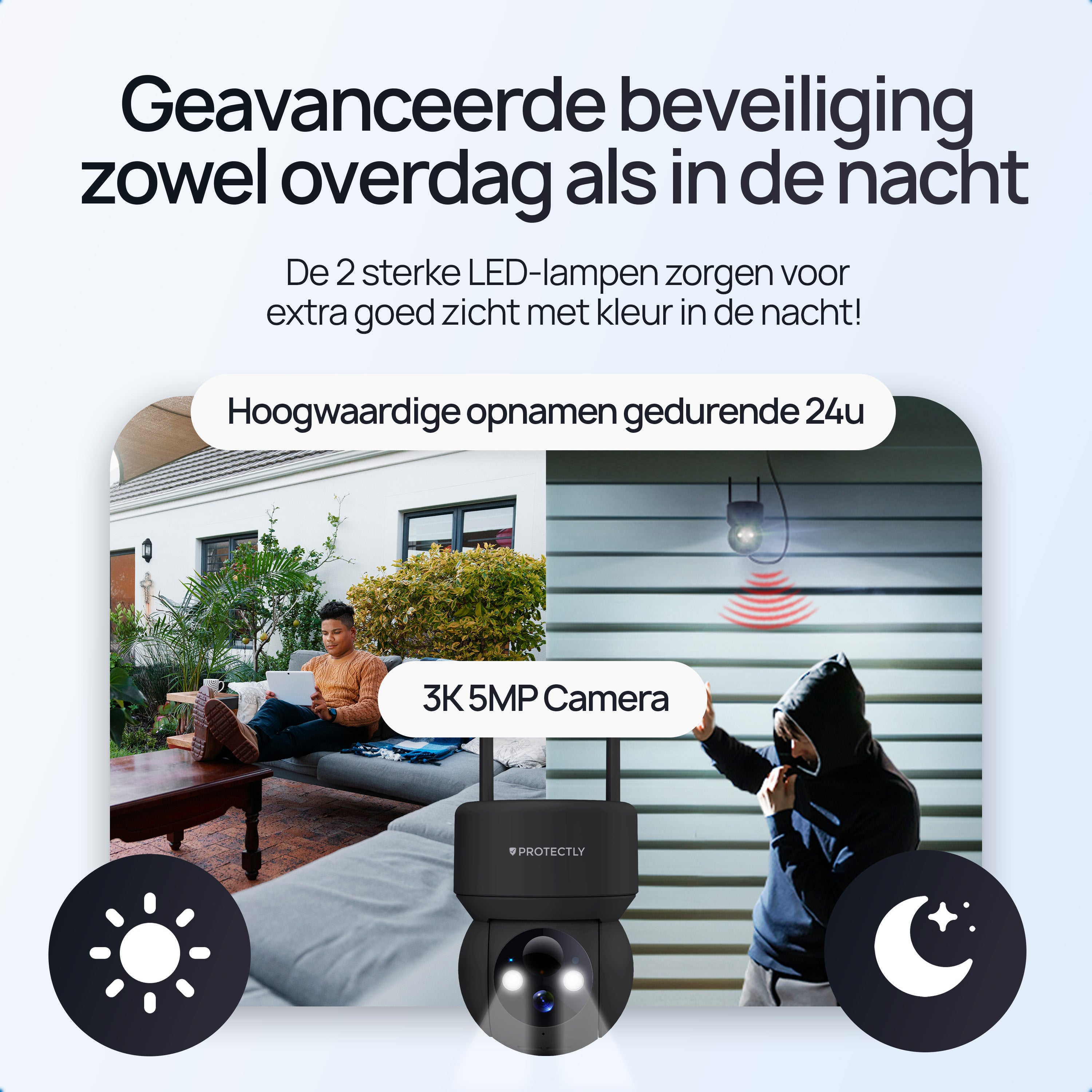 Security camera with 3K 5MP, day/night vision, and LED lights.
