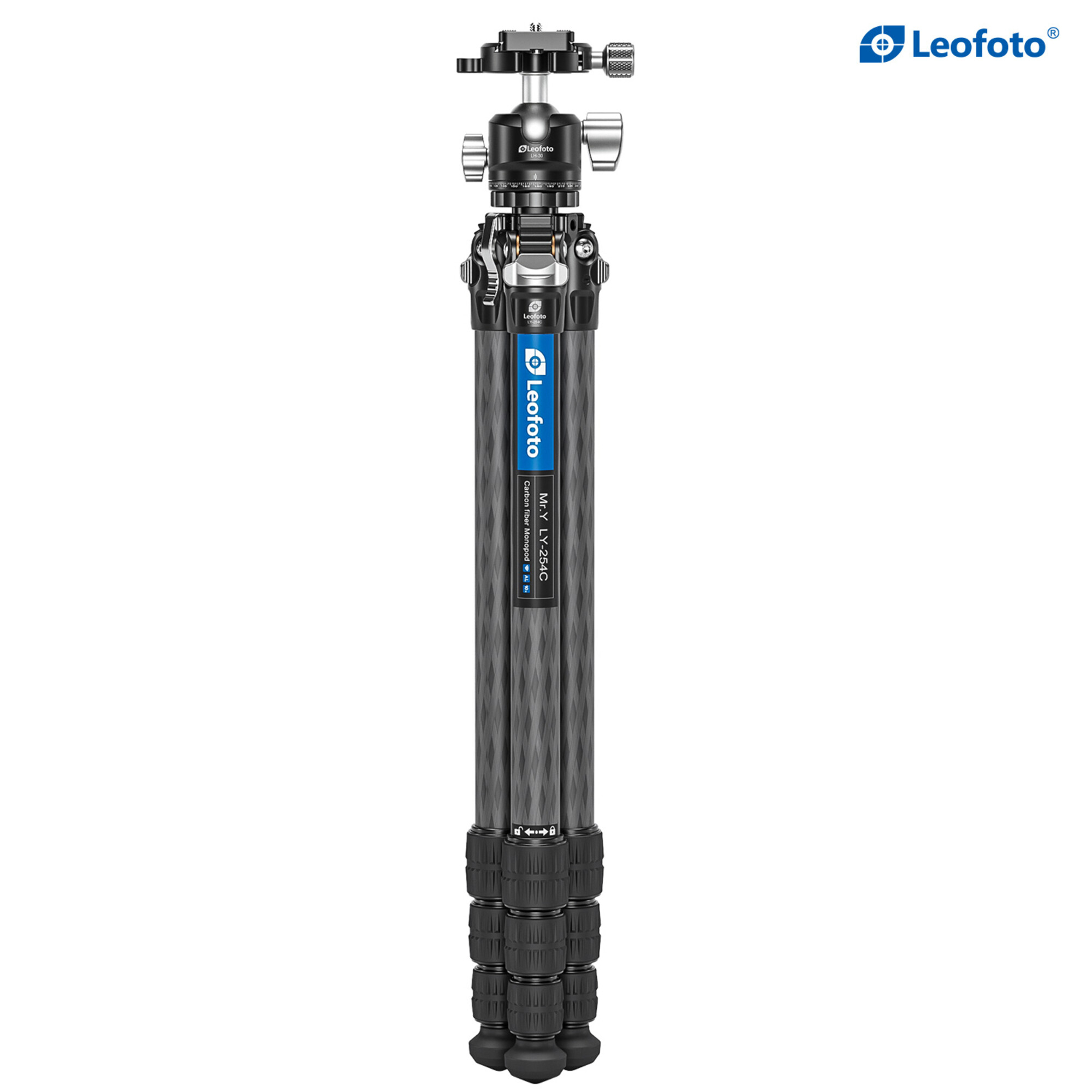 Ein Leofoto Carbonfaser-Stativ mit Kugelkopf und verstellbaren Beinen.
