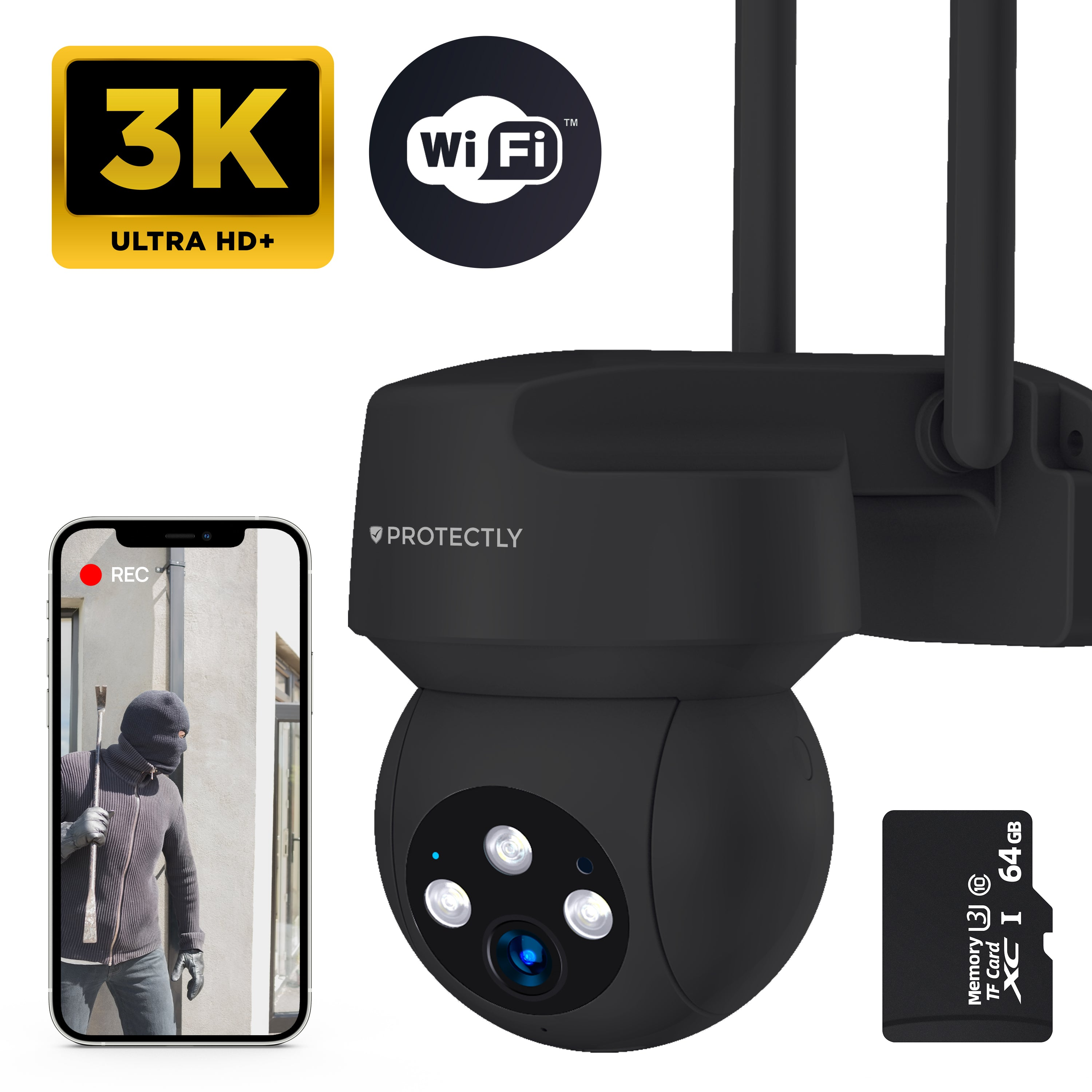 Security camera with 3K Ultra HD+, WiFi, SD card, and phone showing a burglar.