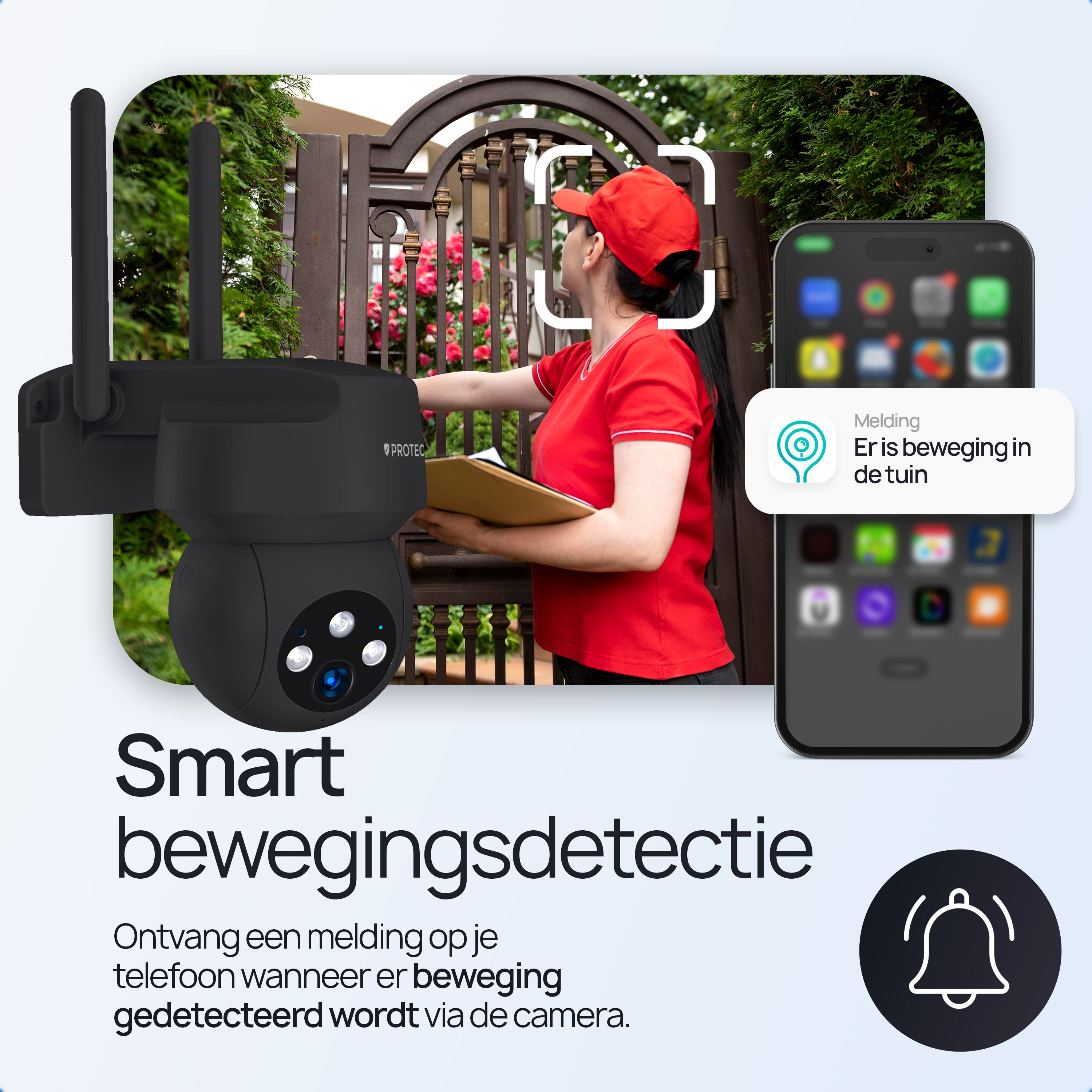 A security camera captures a woman at a garden gate while a phone shows a notification.
