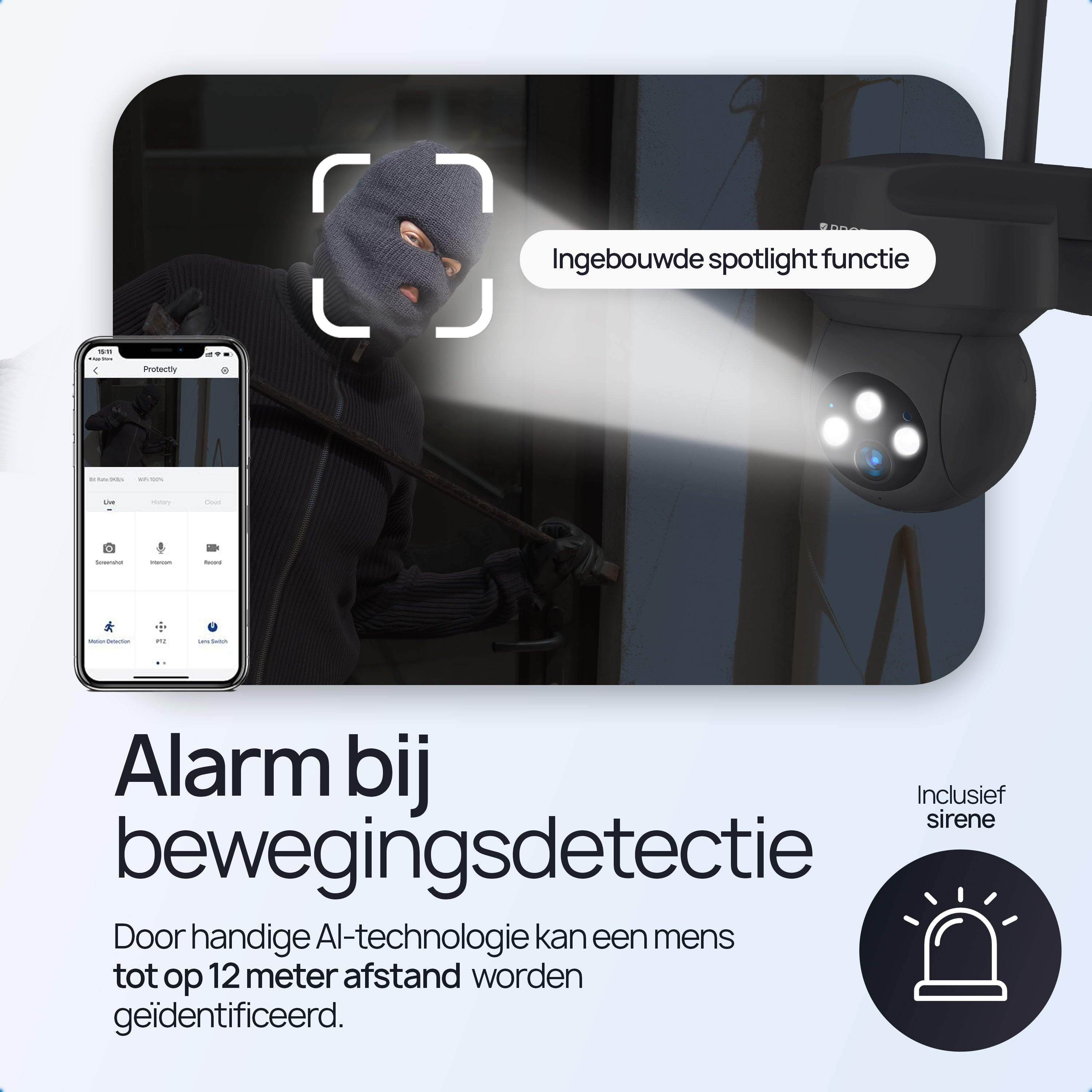 Security camera with spotlight detects motion up to 12m. Phone app shows a burglar.