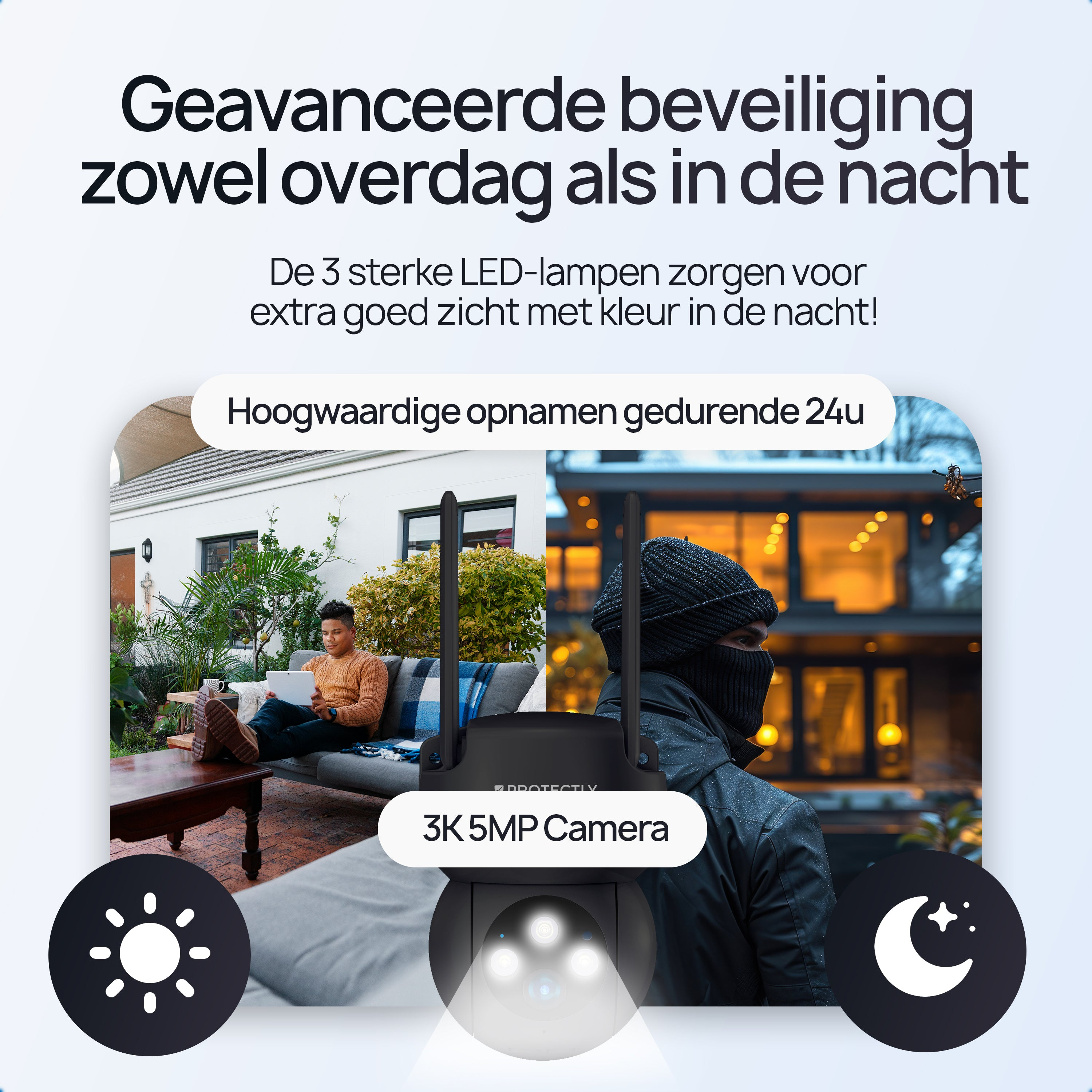 Security camera showing day/night vision. Person inside, intruder outside.