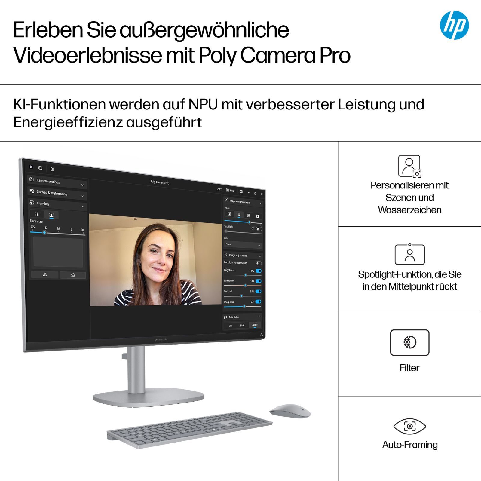Monitor pokazuje oprogramowanie Poly Camera Pro z kobietą, klawiaturą i myszą. Po prawej funkcje.